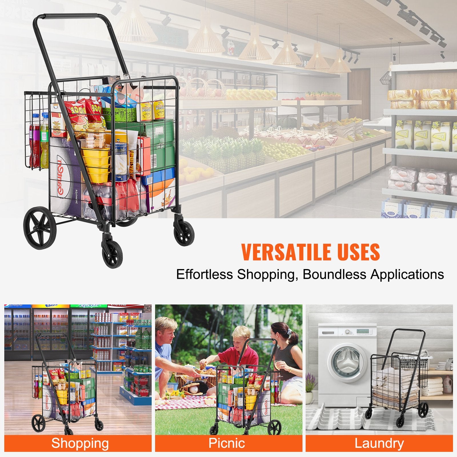 Folding Shopping Cart, Jumbo Grocery Cart with Double Baskets, 360° Swivel Wheels, Heavy Duty Utility Cart, 110 LBS Large Capacity Utility Cart for Laundry, Shopping, Grocery, Luggage