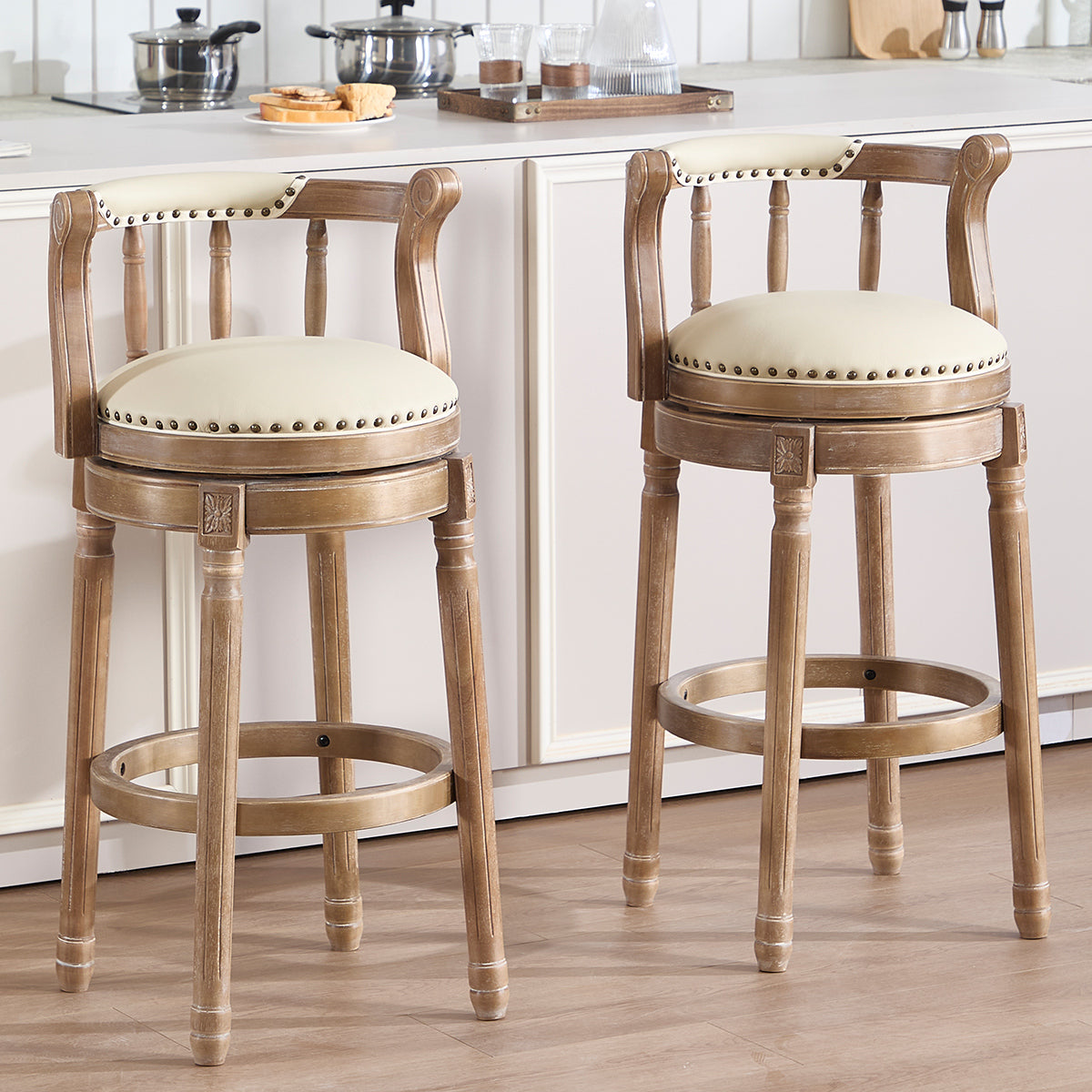 Cow top Leather Wooden Bar Stools, 360 Degree Swivel Bar Chair with Backs,Bar height Couner Height Barstools  for Home Kitchen Dining Room and Bar Room(Beige 1pc)