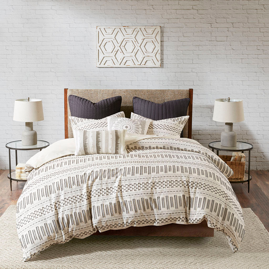 Cotton Jacquard Comforter Mini Set Ivory/Charcoal King/Cal King