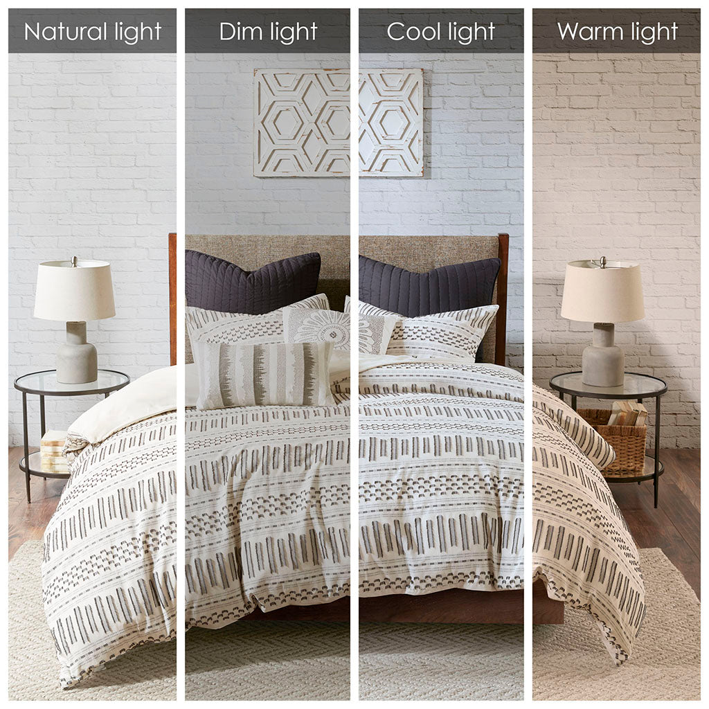 Cotton Jacquard Comforter Mini Set Ivory/Charcoal King/Cal King
