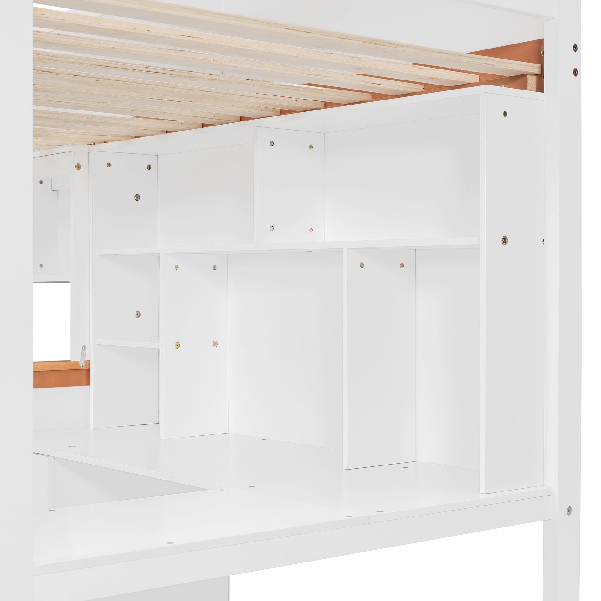 Twin Over Full Wooden Bunk Bed with Desk, Drawers, Shelves, and Cabinet, LED Light(White+Orange)