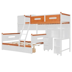 Twin Over Full Wooden Bunk Bed with Desk, Drawers, Shelves, and Cabinet, LED Light(White+Orange)