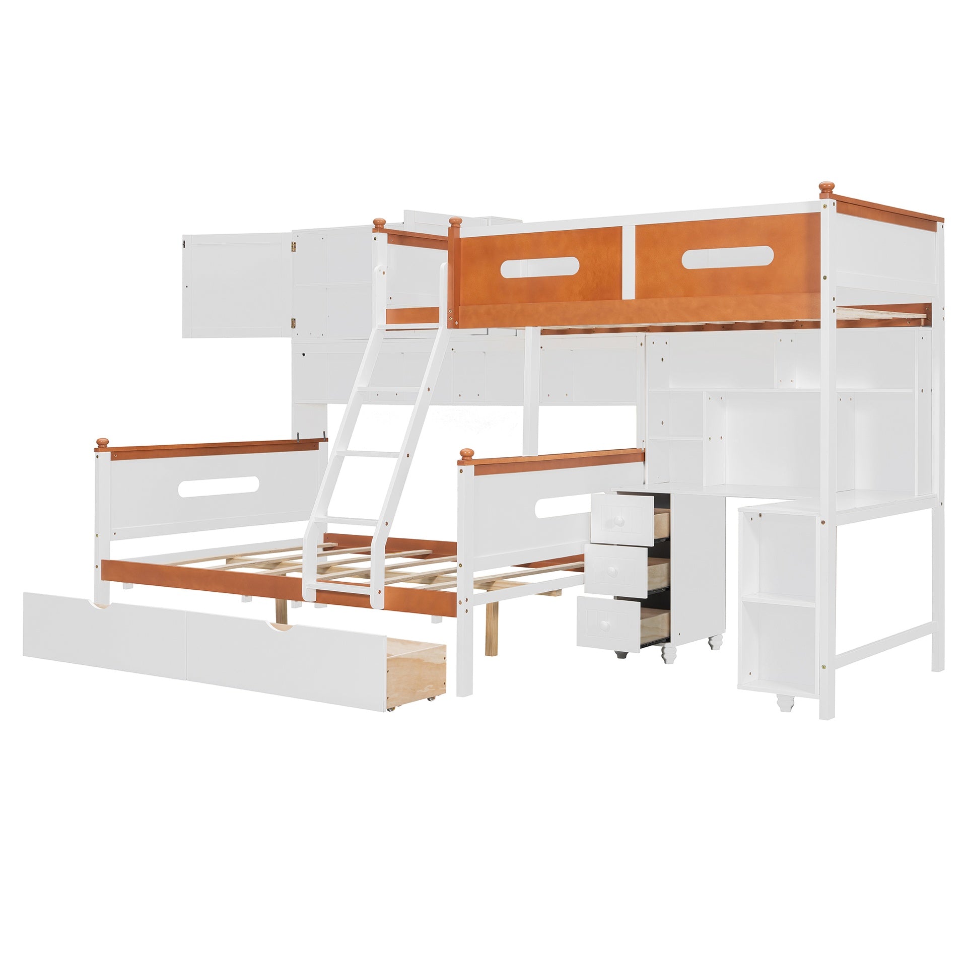 Twin Over Full Wooden Bunk Bed with Desk, Drawers, Shelves, and Cabinet, LED Light(White+Orange)