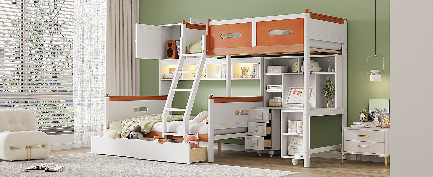 Twin Over Full Wooden Bunk Bed with Desk, Drawers, Shelves, and Cabinet, LED Light(White+Orange)