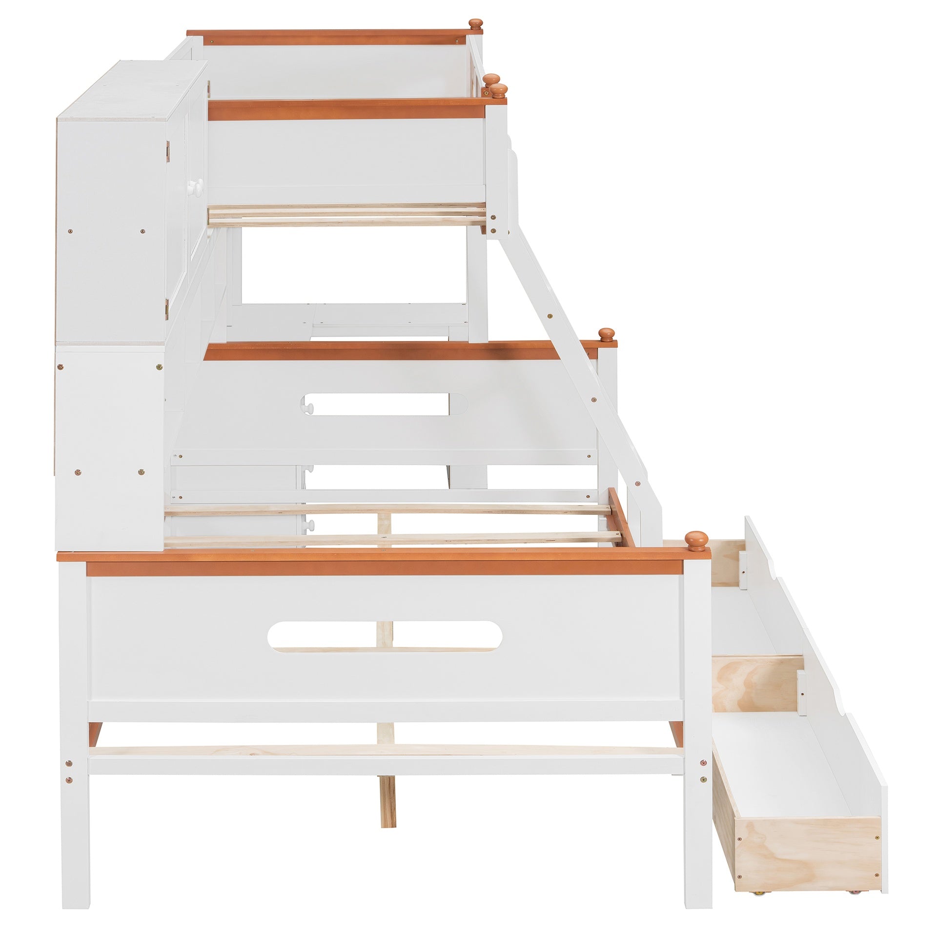 Twin Over Full Wooden Bunk Bed with Desk, Drawers, Shelves, and Cabinet, LED Light(White+Orange)