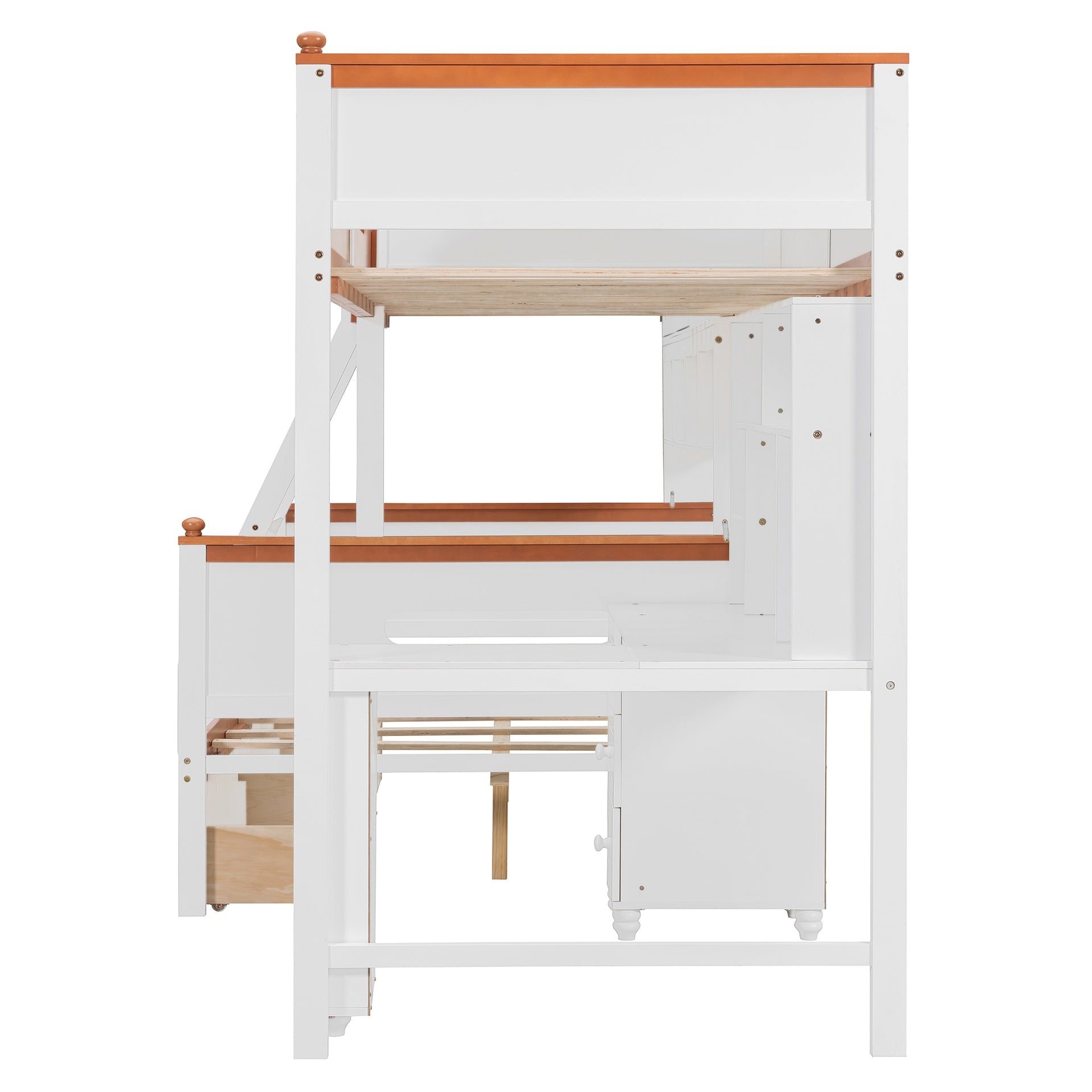 Twin Over Full Wooden Bunk Bed with Desk, Drawers, Shelves, and Cabinet, LED Light(White+Orange)