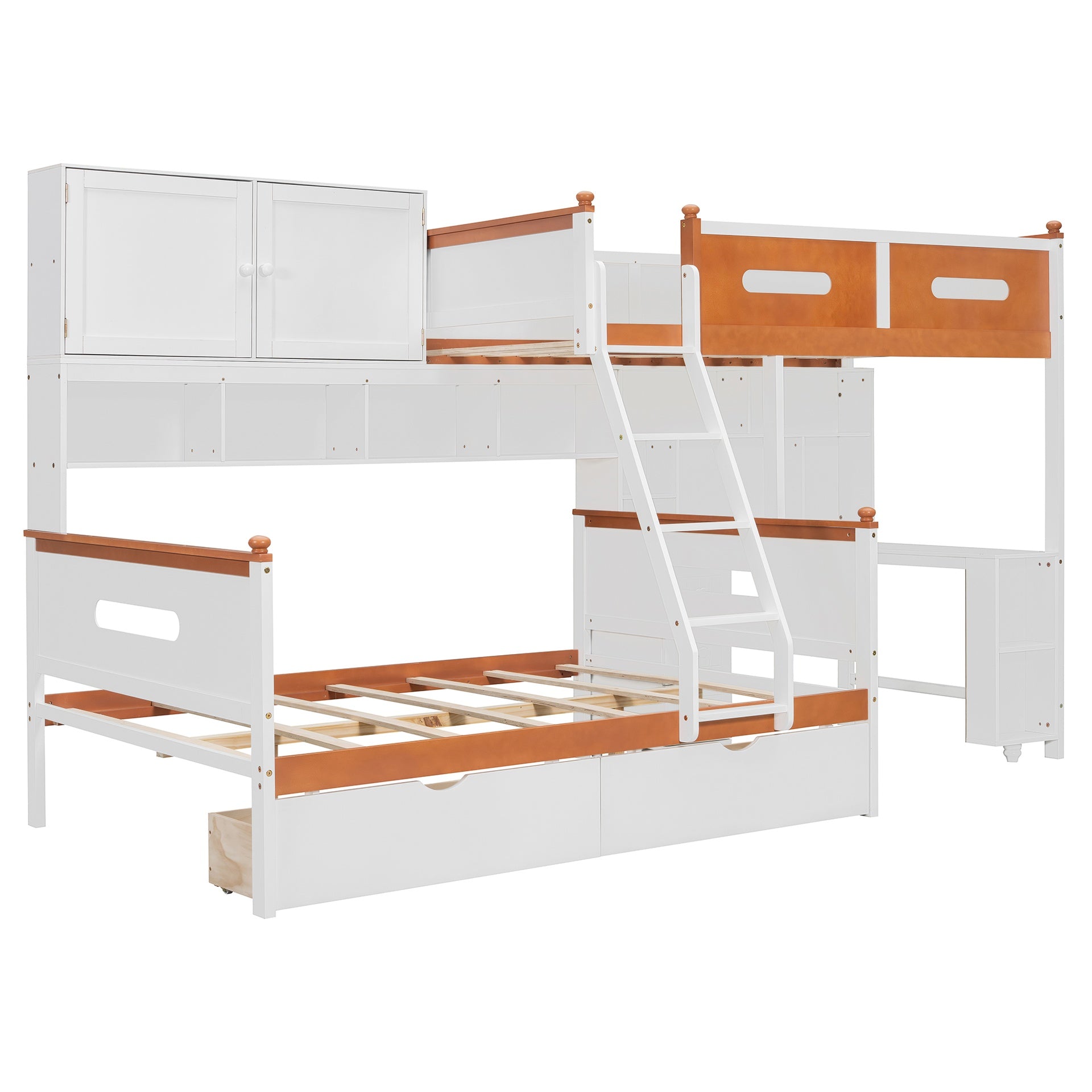 Twin Over Full Wooden Bunk Bed with Desk, Drawers, Shelves, and Cabinet, LED Light(White+Orange)