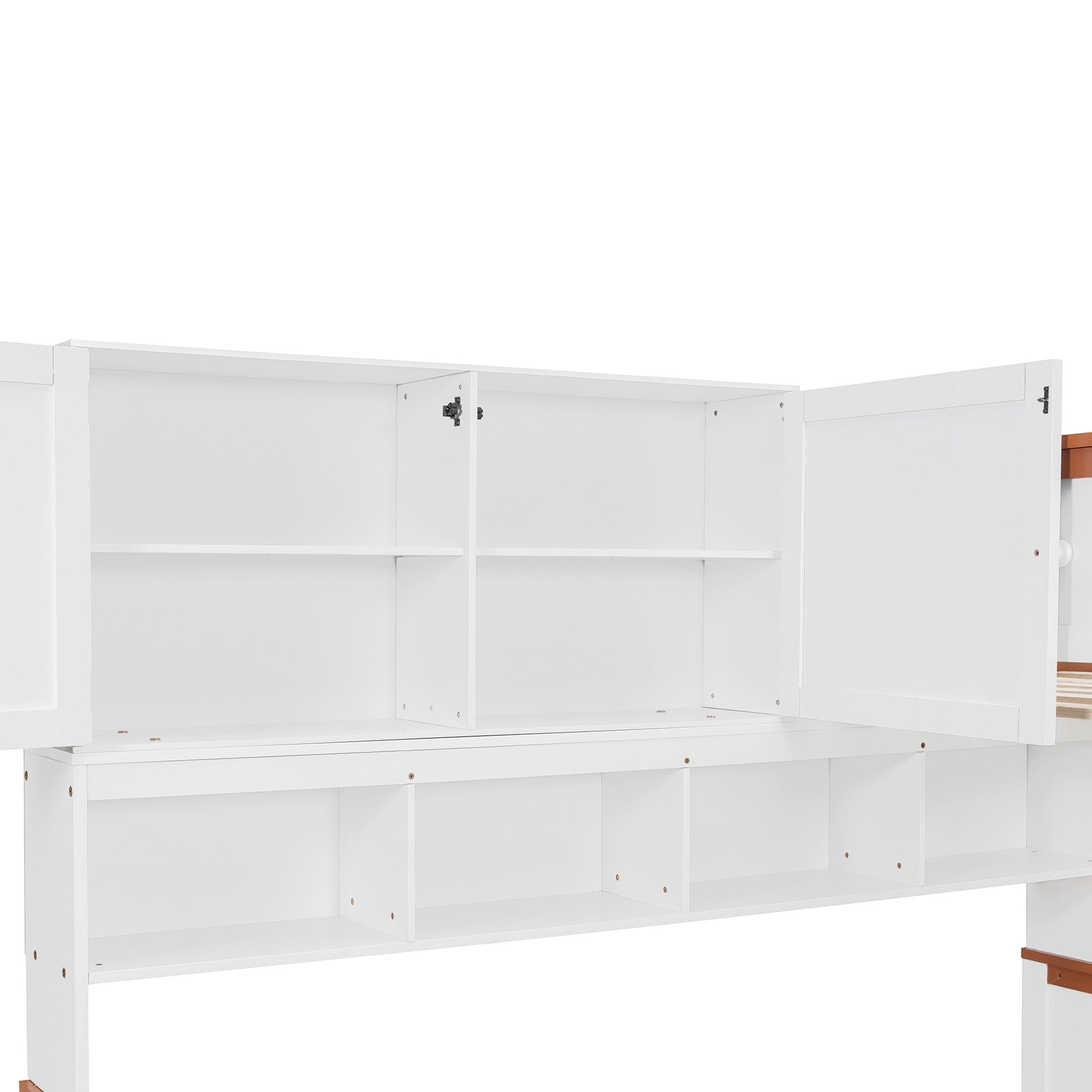 Twin Over Full Wooden Bunk Bed with Desk, Drawers, Shelves, and Cabinet, LED Light(White+Orange)
