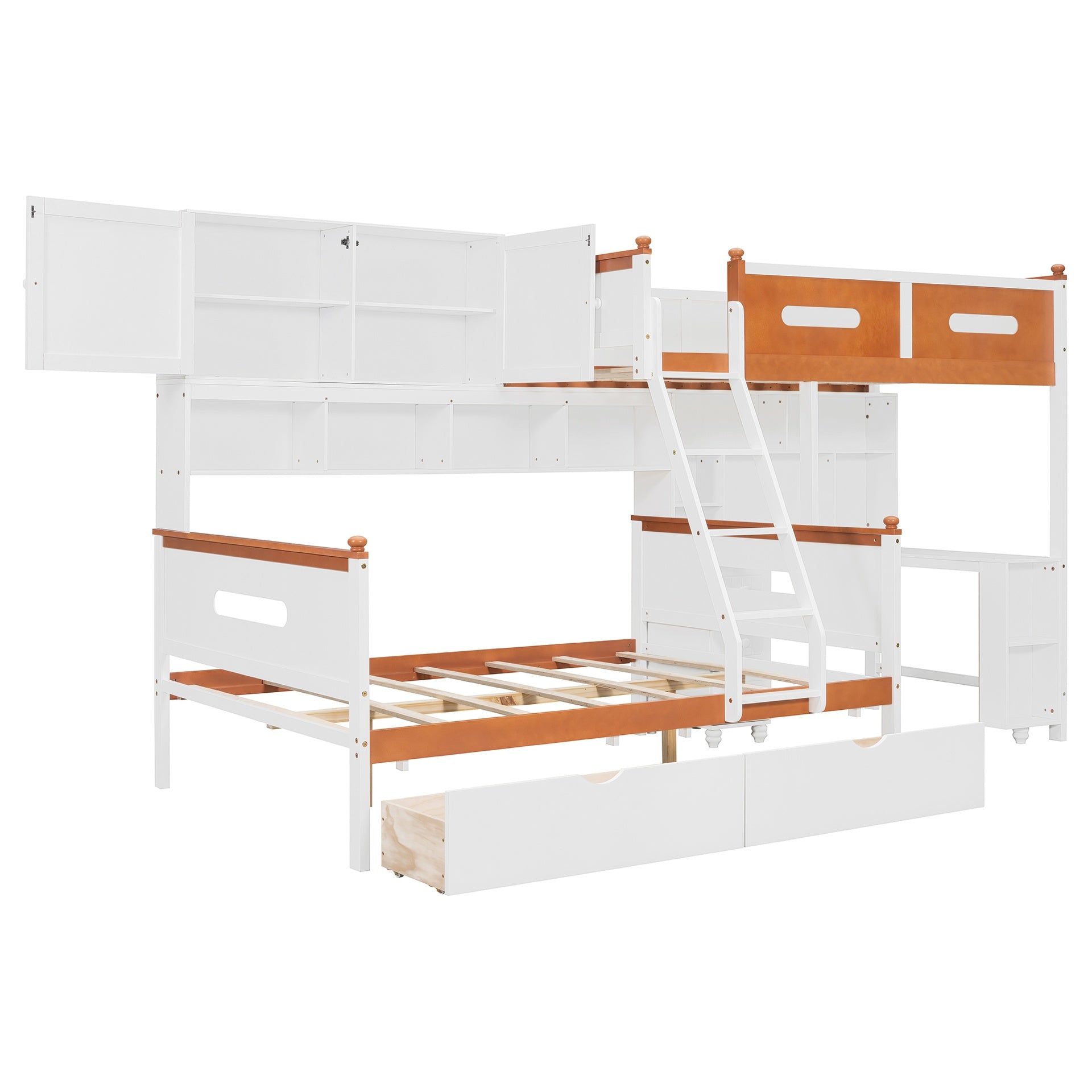 Twin Over Full Wooden Bunk Bed with Desk, Drawers, Shelves, and Cabinet, LED Light(White+Orange)