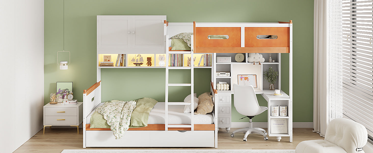 Twin Over Full Wooden Bunk Bed with Desk, Drawers, Shelves, and Cabinet, LED Light(White+Orange)