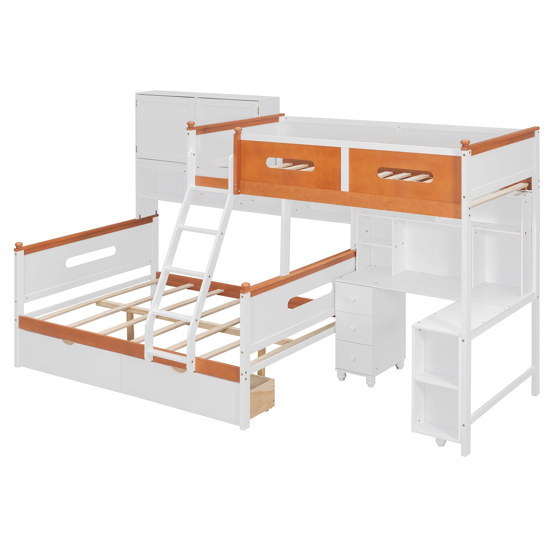 Twin Over Full Wooden Bunk Bed with Desk, Drawers, Shelves, and Cabinet, LED Light(White+Orange)
