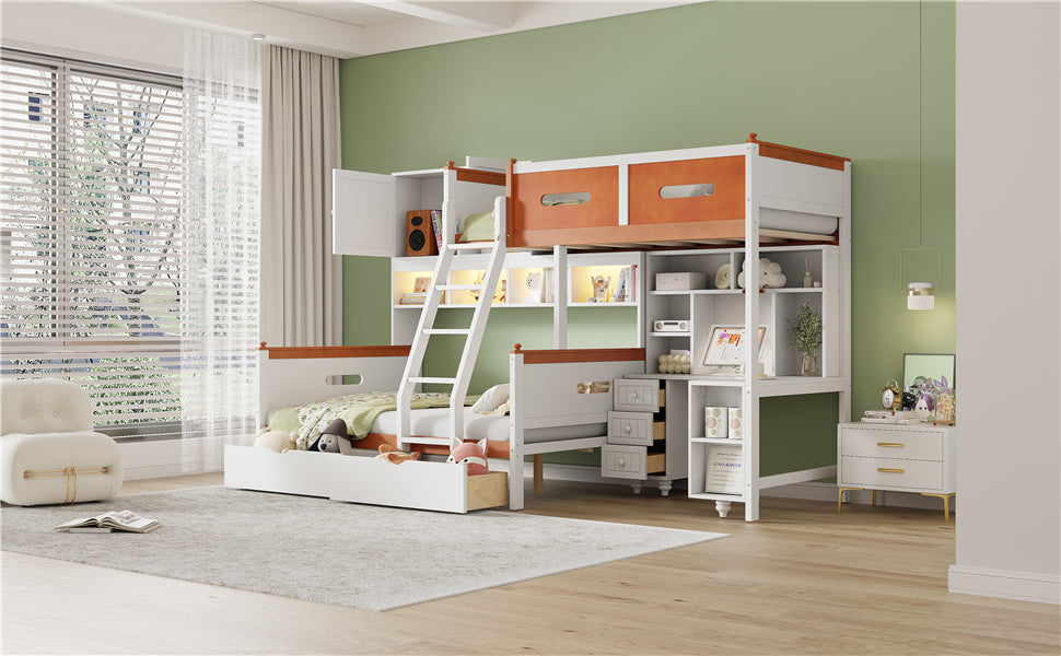 Twin Over Full Wooden Bunk Bed with Desk, Drawers, Shelves, and Cabinet, LED Light(White+Orange)