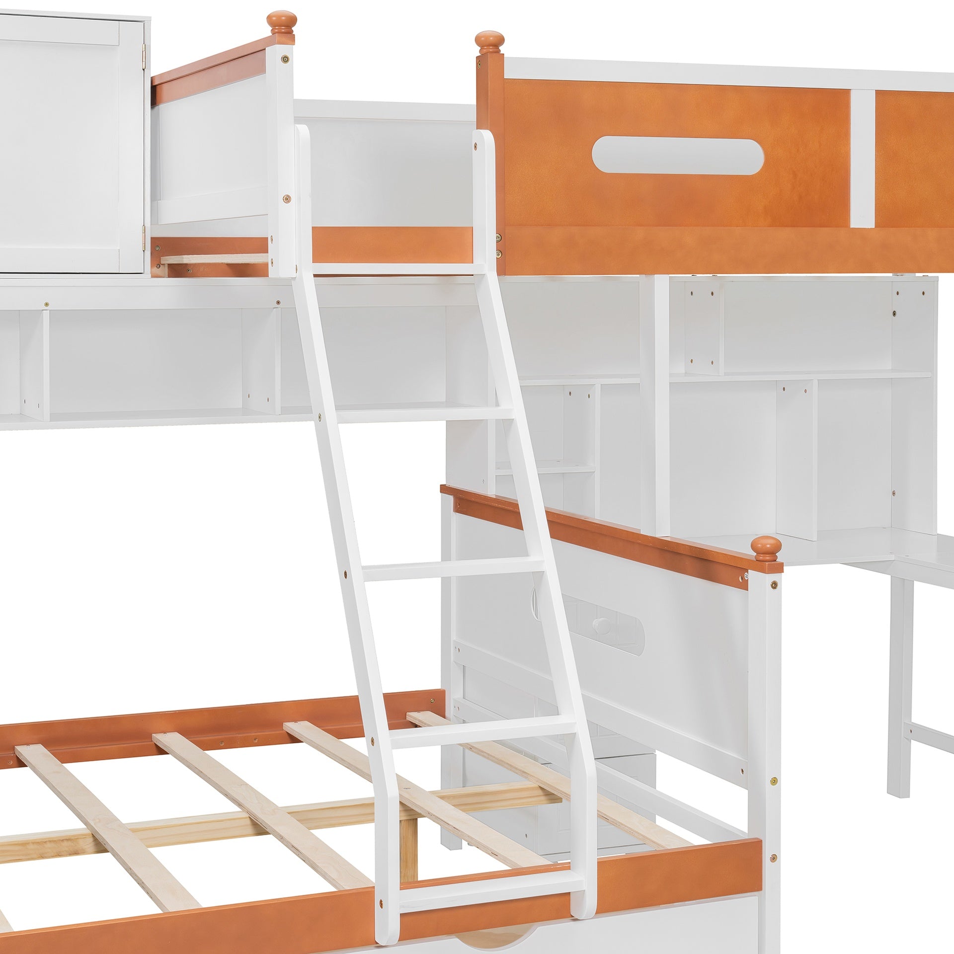 Twin Over Full Wooden Bunk Bed with Desk, Drawers, Shelves, and Cabinet, LED Light(White+Orange)