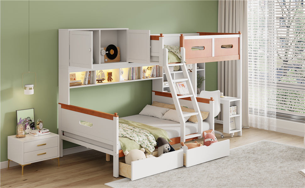 Twin Over Full Wooden Bunk Bed with Desk, Drawers, Shelves, and Cabinet, LED Light(White+Orange)
