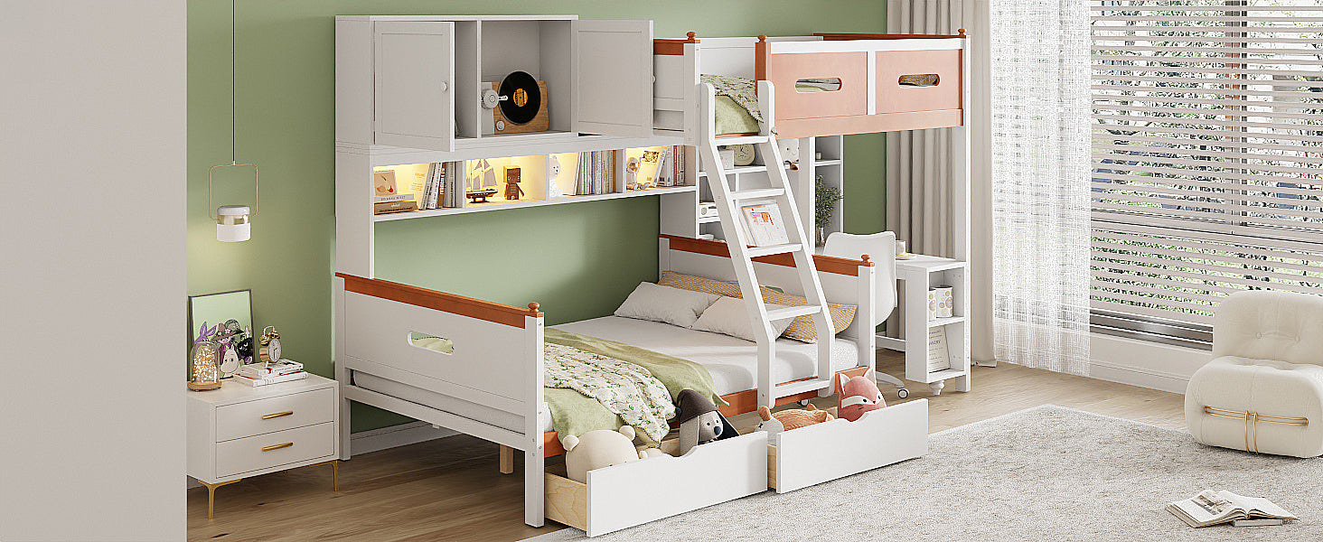 Twin Over Full Wooden Bunk Bed with Desk, Drawers, Shelves, and Cabinet, LED Light(White+Orange)