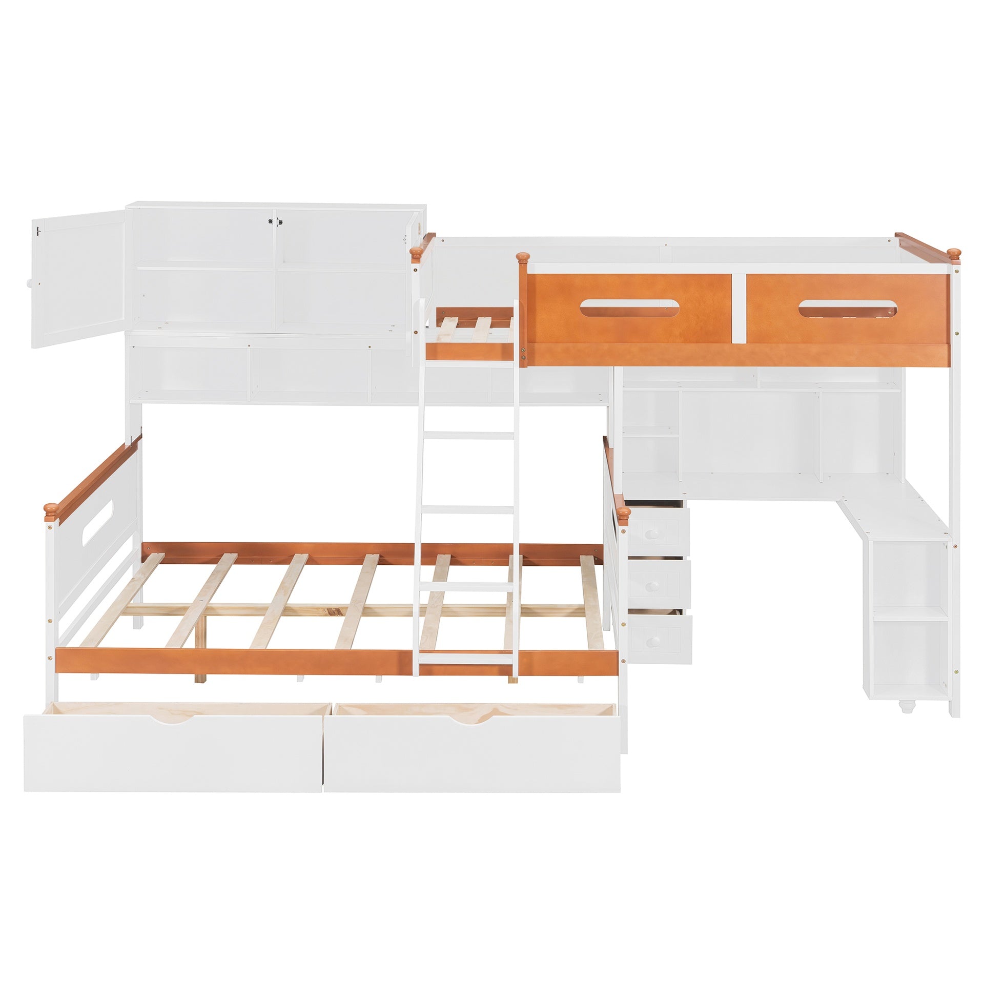 Twin Over Full Wooden Bunk Bed with Desk, Drawers, Shelves, and Cabinet, LED Light(White+Orange)