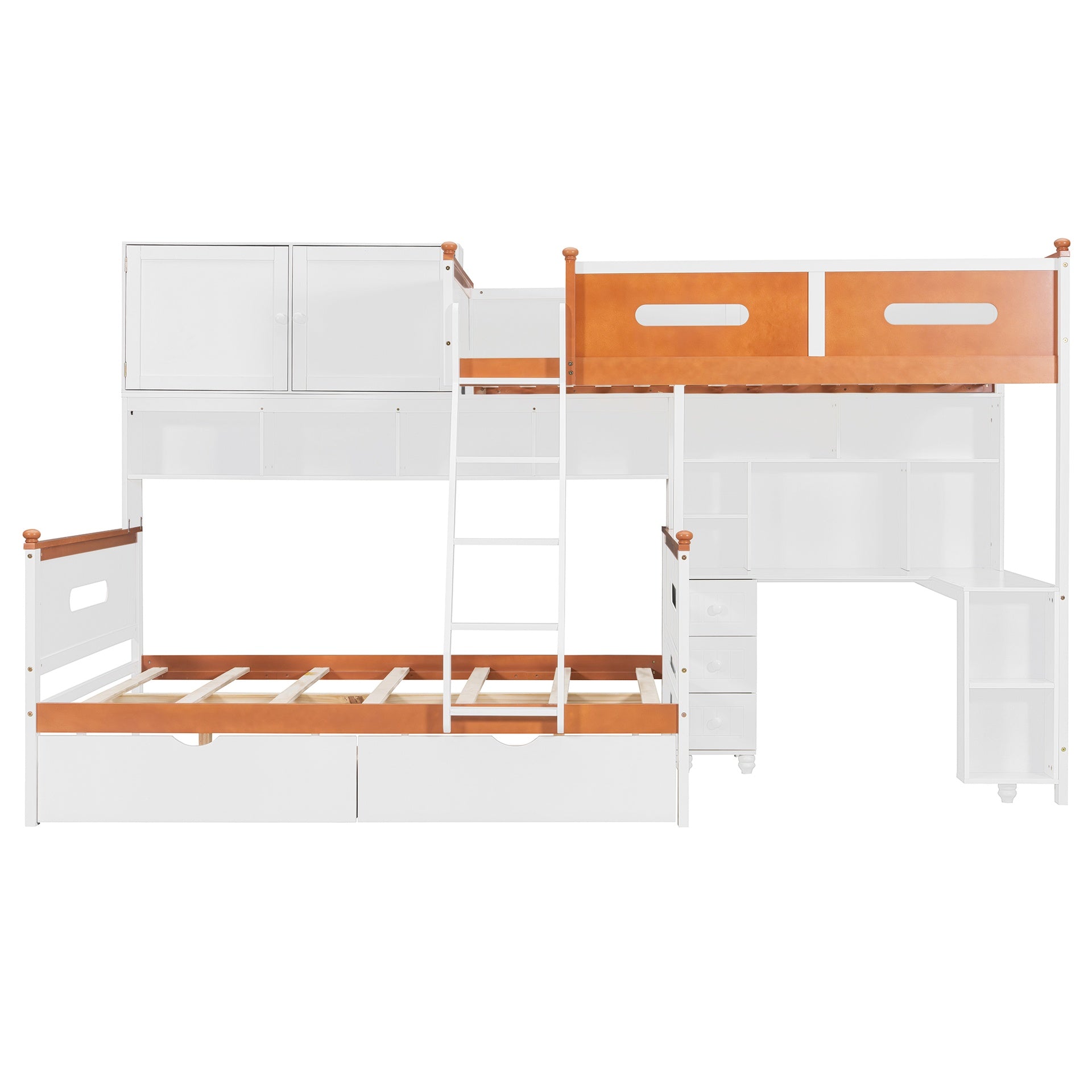 Twin Over Full Wooden Bunk Bed with Desk, Drawers, Shelves, and Cabinet, LED Light(White+Orange)
