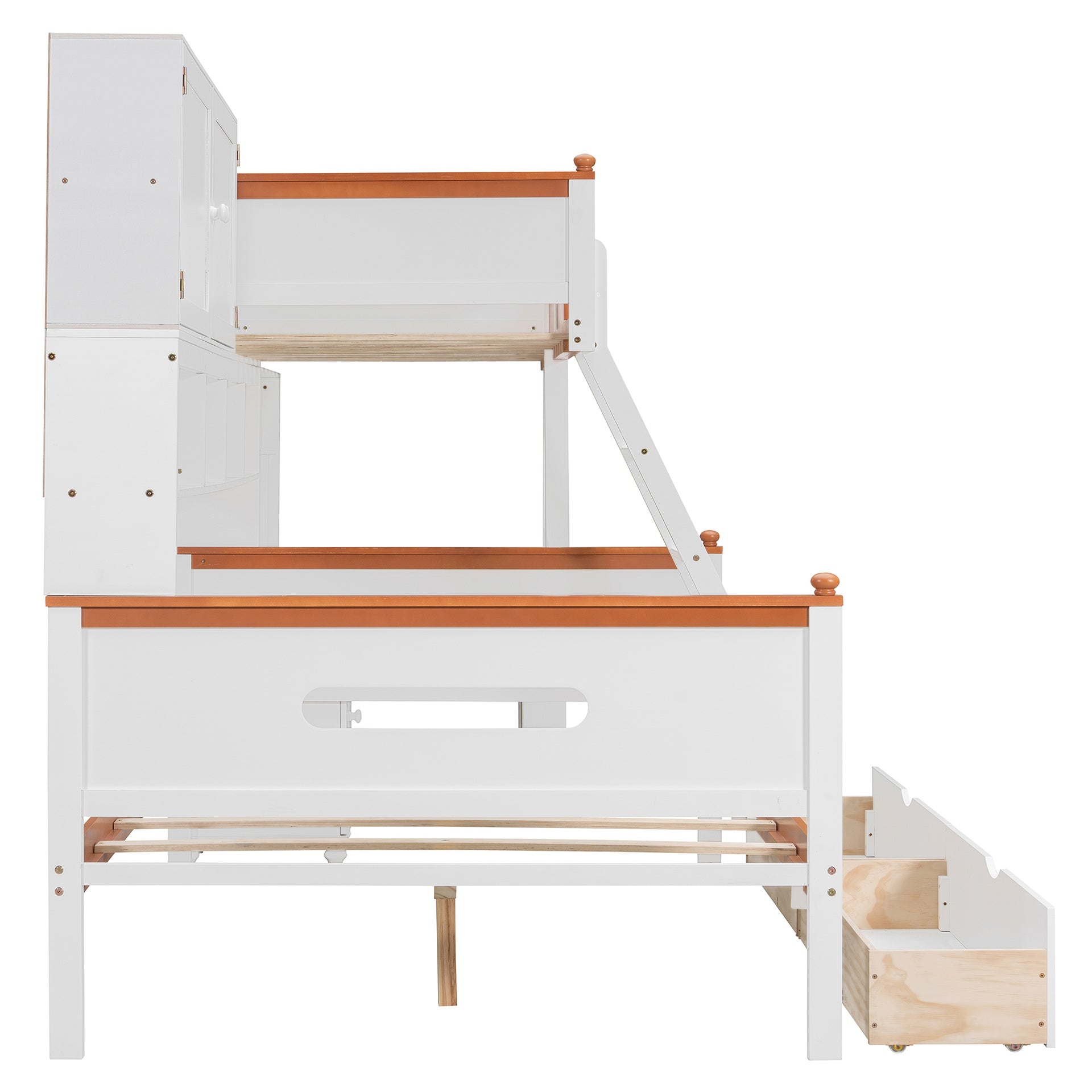 Twin Over Full Wooden Bunk Bed with Desk, Drawers, Shelves, and Cabinet, LED Light(White+Orange)