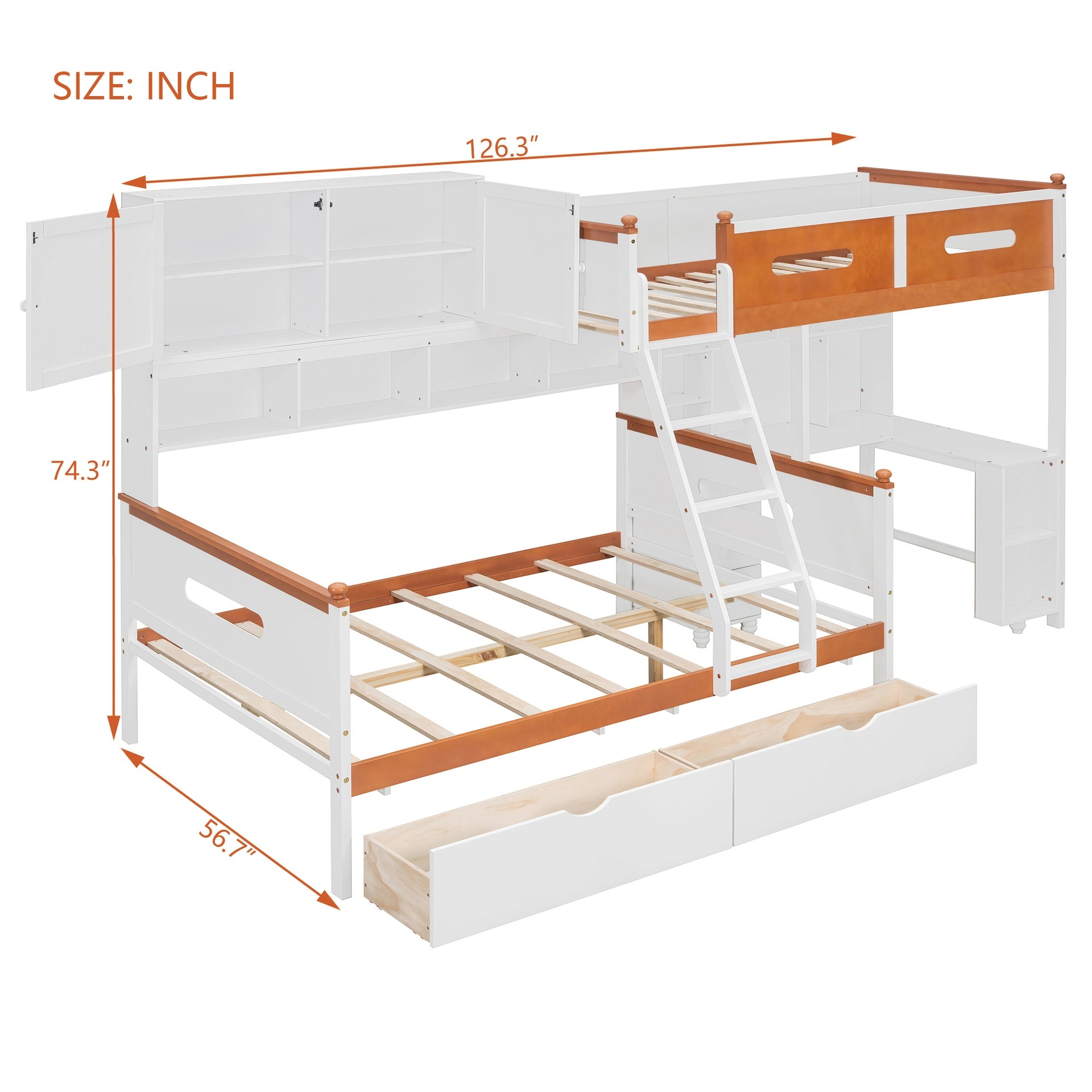 Twin Over Full Wooden Bunk Bed with Desk, Drawers, Shelves, and Cabinet, LED Light(White+Orange)