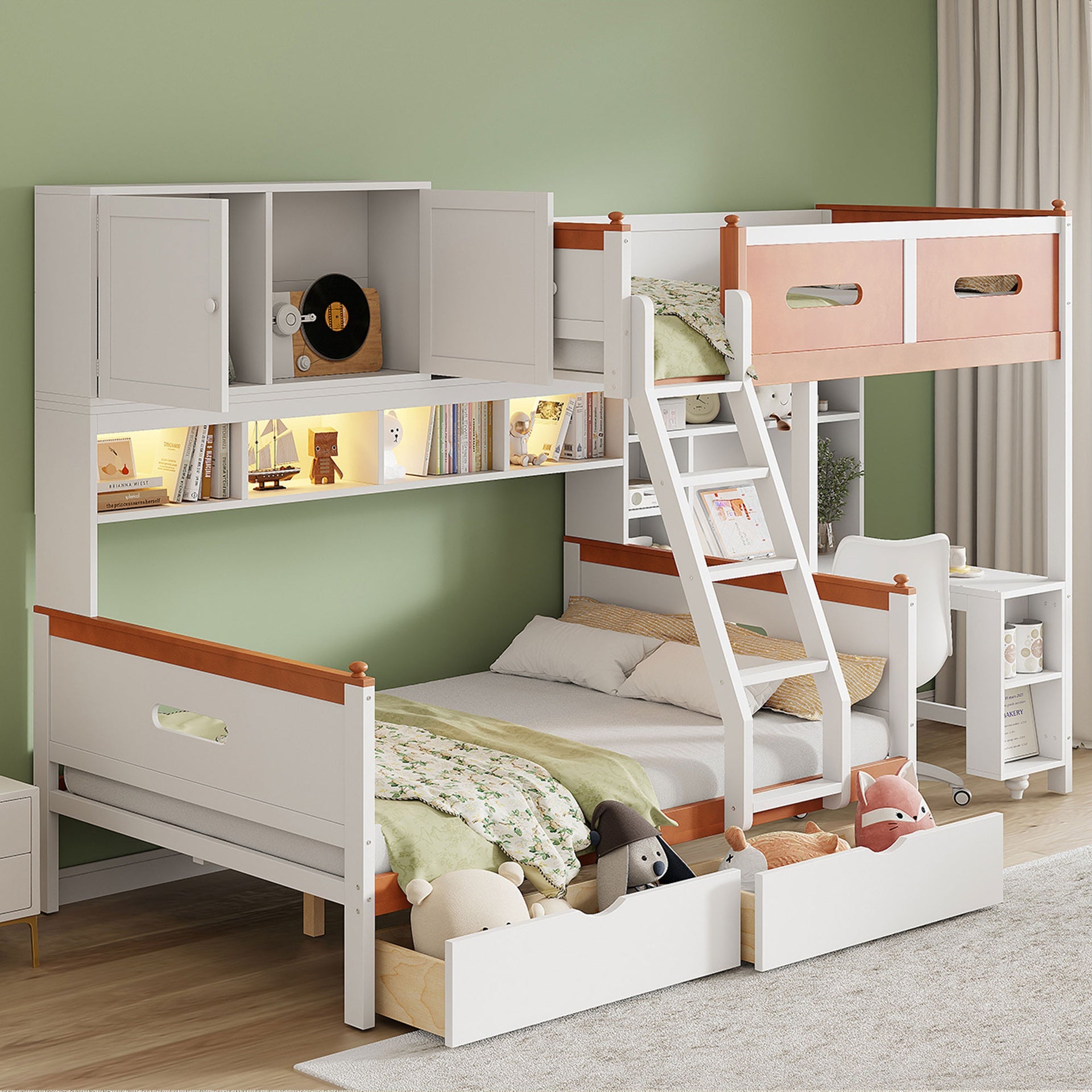 Twin Over Full Wooden Bunk Bed with Desk, Drawers, Shelves, and Cabinet, LED Light(White+Orange)