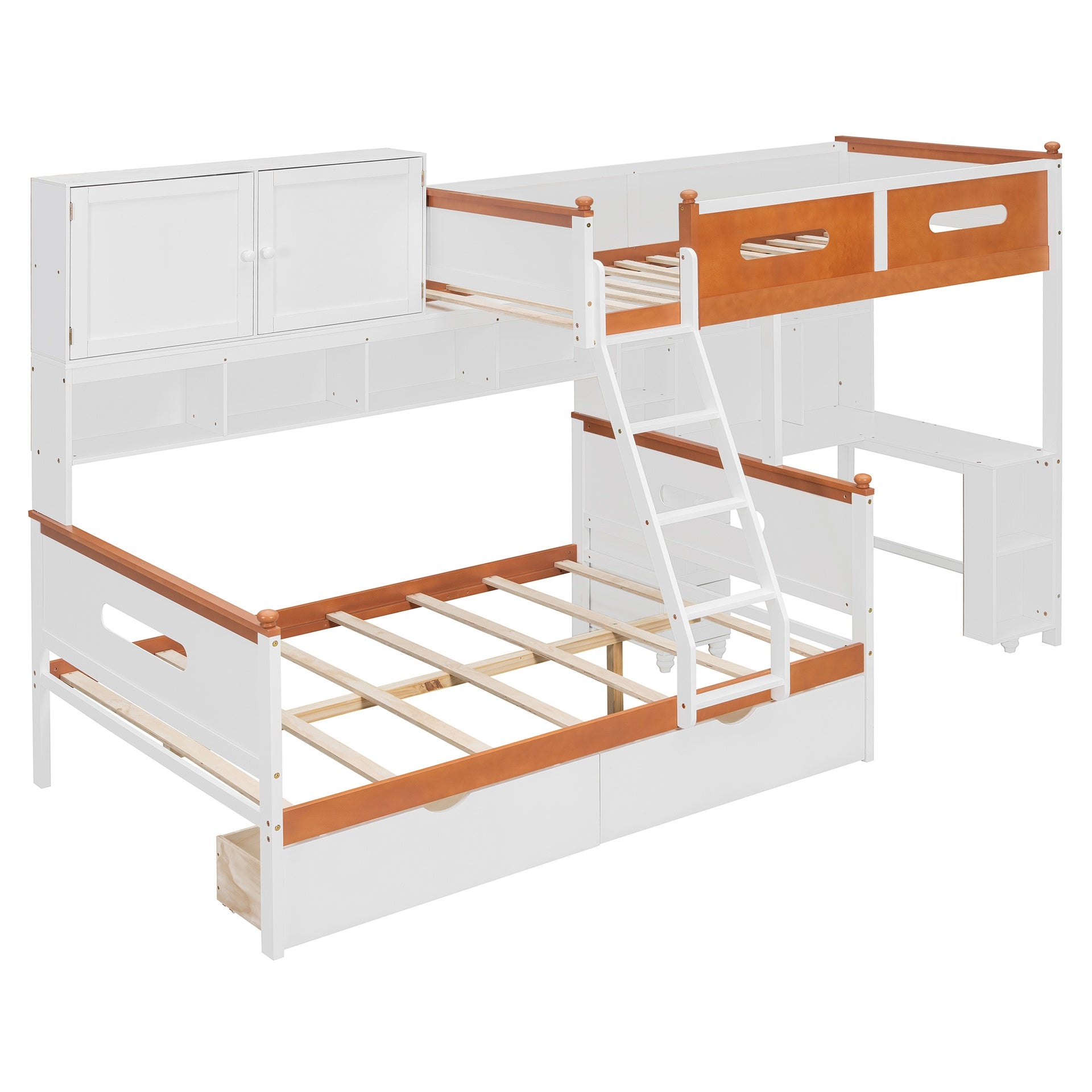 Twin Over Full Wooden Bunk Bed with Desk, Drawers, Shelves, and Cabinet, LED Light(White+Orange)