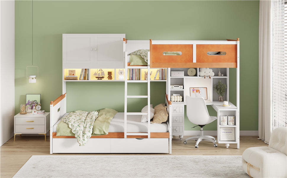 Twin Over Full Wooden Bunk Bed with Desk, Drawers, Shelves, and Cabinet, LED Light(White+Orange)