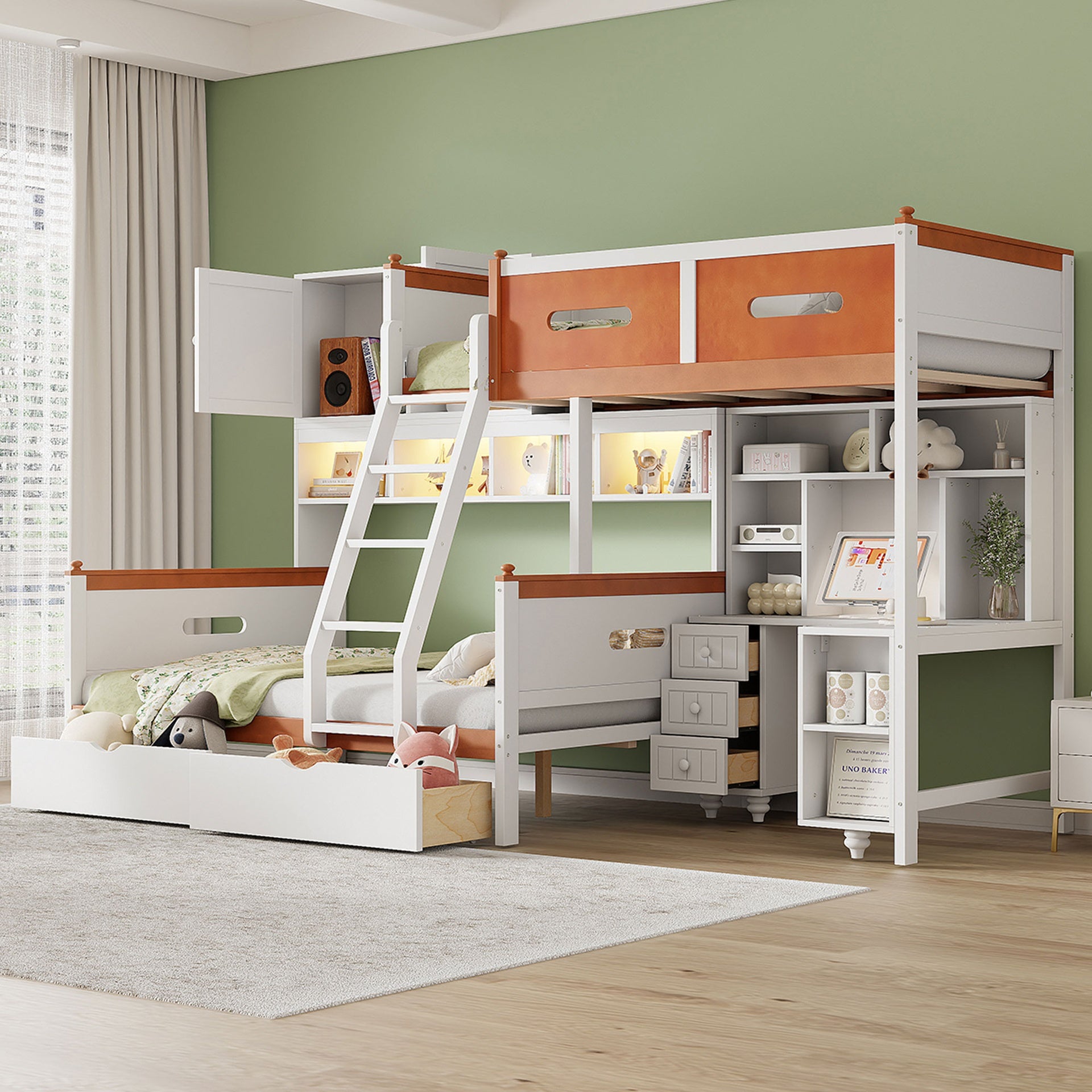 Twin Over Full Wooden Bunk Bed with Desk, Drawers, Shelves, and Cabinet, LED Light(White+Orange)