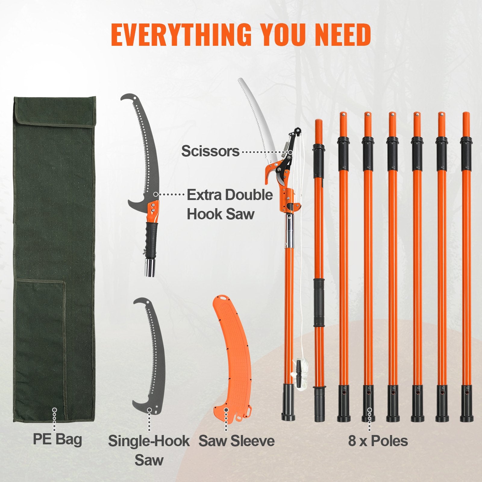 Manual Pole Saw, 7.3-27 ft Extendable Tree Pruner, Sharp Steel Blade and Scissors High Branches Trimming, Branch Trimmer with Lightweight 8 Fiberglass Handles, for Pruning Palms and Shrubs