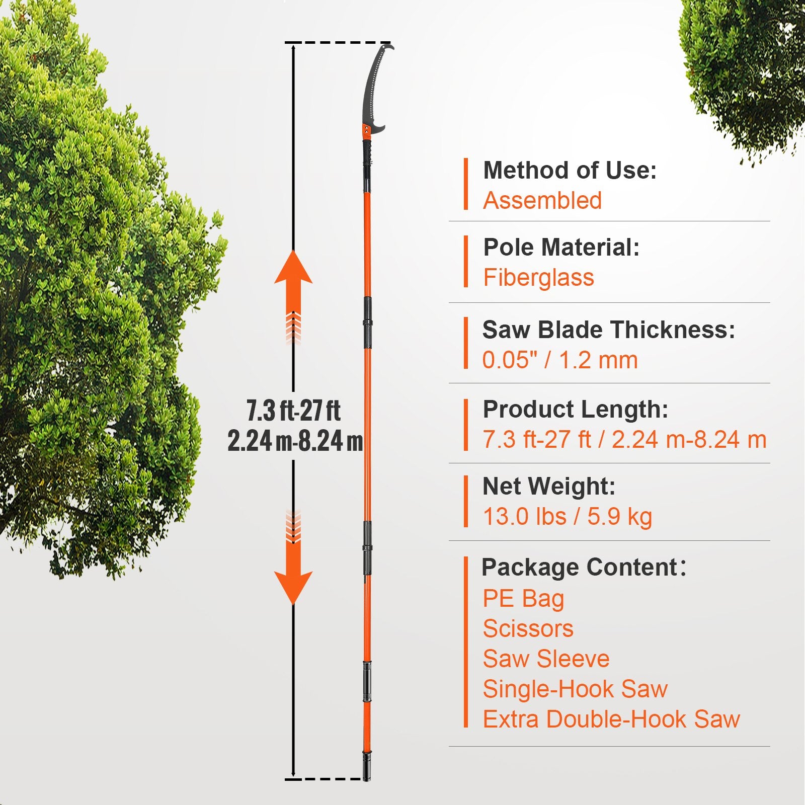 Manual Pole Saw, 7.3-27 ft Extendable Tree Pruner, Sharp Steel Blade and Scissors High Branches Trimming, Branch Trimmer with Lightweight 8 Fiberglass Handles, for Pruning Palms and Shrubs