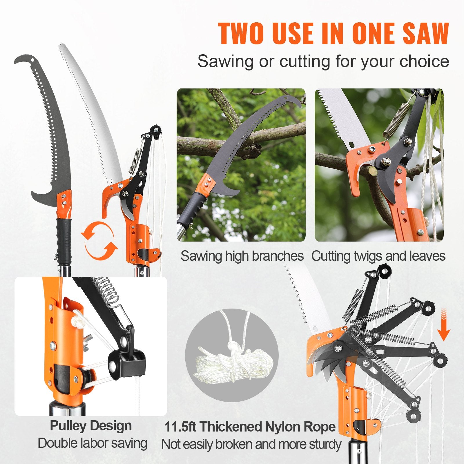 Manual Pole Saw, 7.3-27 ft Extendable Tree Pruner, Sharp Steel Blade and Scissors High Branches Trimming, Branch Trimmer with Lightweight 8 Fiberglass Handles, for Pruning Palms and Shrubs