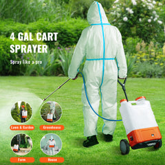 Battery Powered Backpack Sprayer with Cart, 0-94 PSI Adjustable Pressure, 4 Gallon Tank on Wheels, with 8 Nozzles and 2 Wands, 12V 7.2Ah Battery, Wide Mouth Lid for Weeding, Spraying, Cleaning