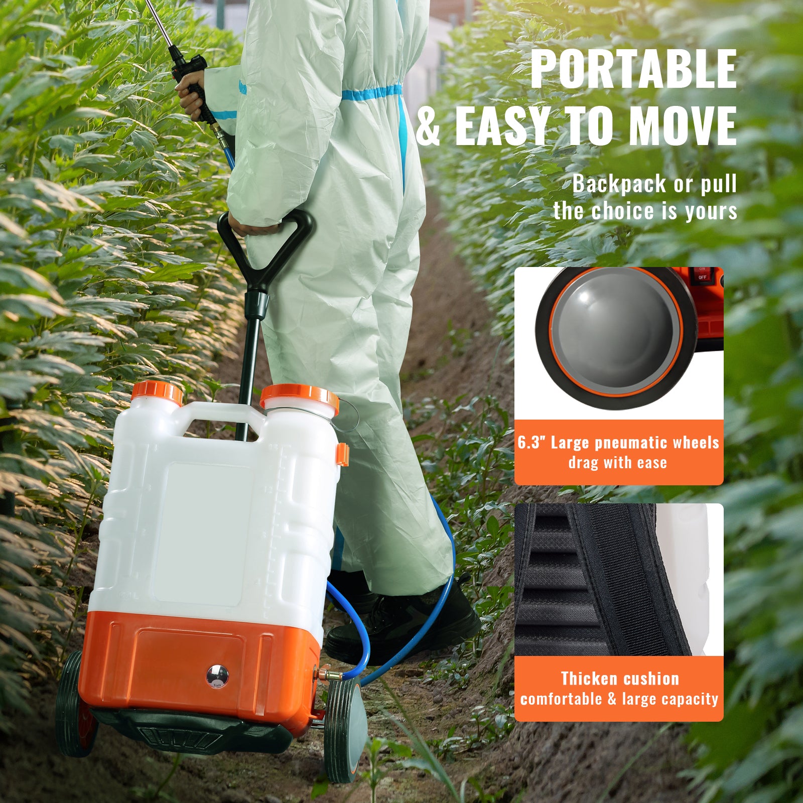 Battery Powered Backpack Sprayer with Cart, 0-94 PSI Adjustable Pressure, 4 Gallon Tank on Wheels, with 8 Nozzles and 2 Wands, 12V 7.2Ah Battery, Wide Mouth Lid for Weeding, Spraying, Cleaning