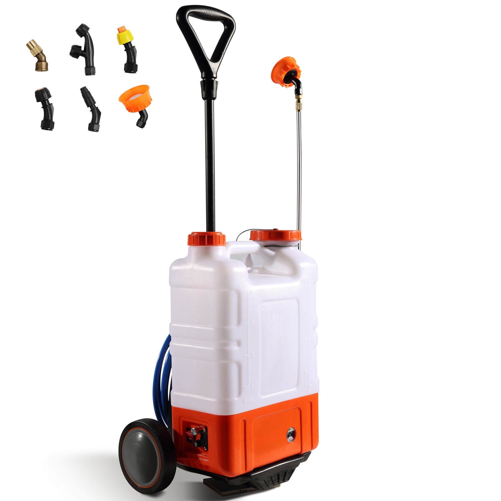 Battery Powered Backpack Sprayer with Cart, 0-94 PSI Adjustable Pressure, 4 Gallon Tank on Wheels, with 8 Nozzles and 2 Wands, 12V 7.2Ah Battery, Wide Mouth Lid for Weeding, Spraying, Cleaning