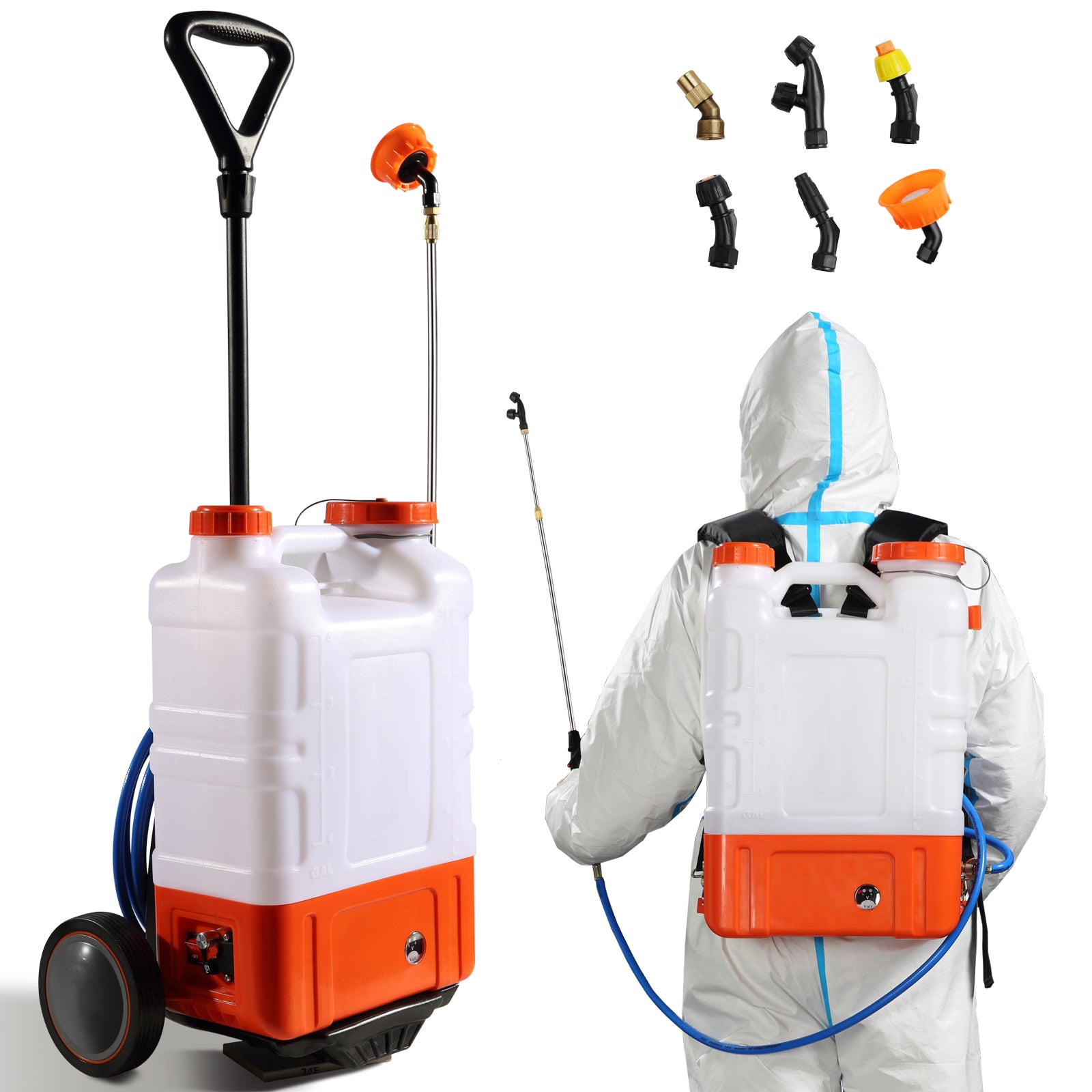 Battery Powered Backpack Sprayer with Cart, 0-94 PSI Adjustable Pressure, 4 Gallon Tank on Wheels, with 8 Nozzles and 2 Wands, 12V 7.2Ah Battery, Wide Mouth Lid for Weeding, Spraying, Cleaning