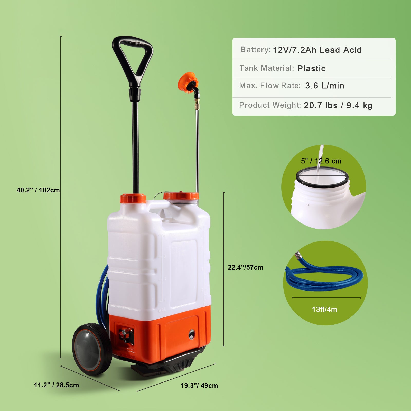 Battery Powered Backpack Sprayer with Cart, 0-94 PSI Adjustable Pressure, 4 Gallon Tank on Wheels, with 8 Nozzles and 2 Wands, 12V 7.2Ah Battery, Wide Mouth Lid for Weeding, Spraying, Cleaning