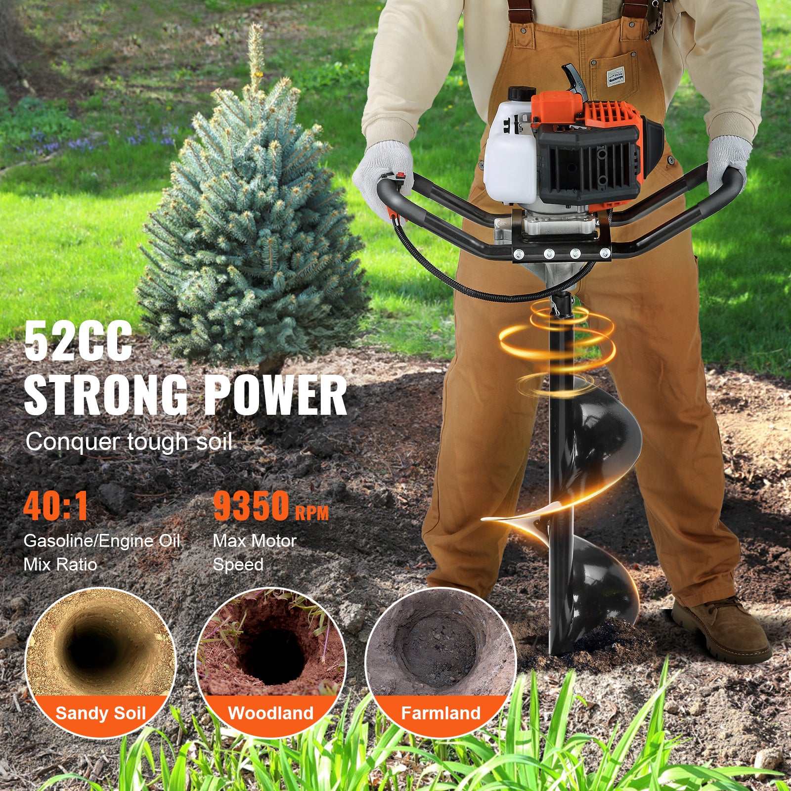 Post Hole Digger, 52cc 1450W Auger Post Hole digger, Gas Powered Earth Digger with Two Earth Auger Drill Bit 6" & 10" and 3 Extension Rods, for Farmland, Garden and Plant, EPA certification