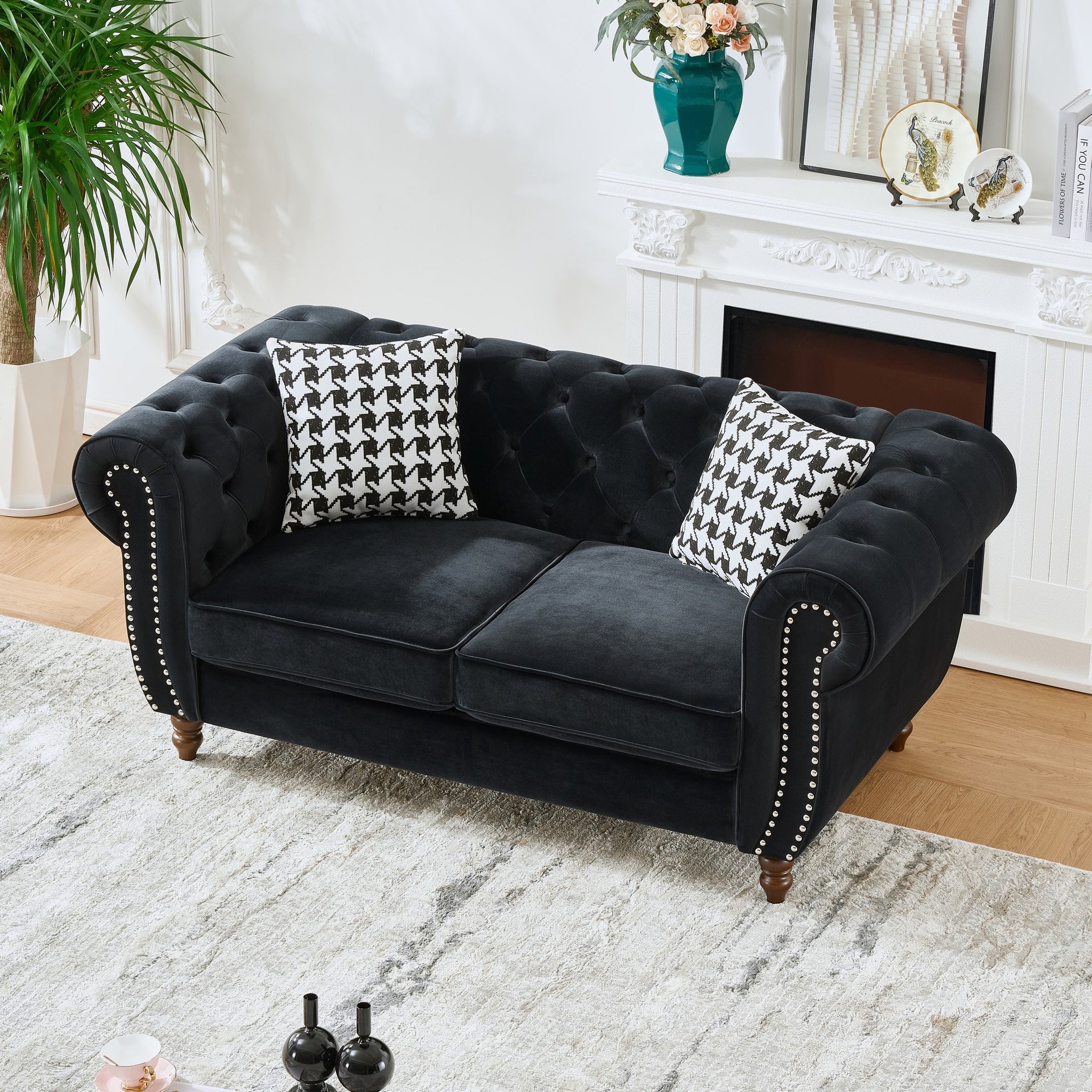 67"Chesterfield ‌velvet upholstery fabric Sofa with Roll Armrest & Nailhead,Upholstered Mid Century Modern Couch,2 Seater Couch for Living Room, Office, Apartment, Black