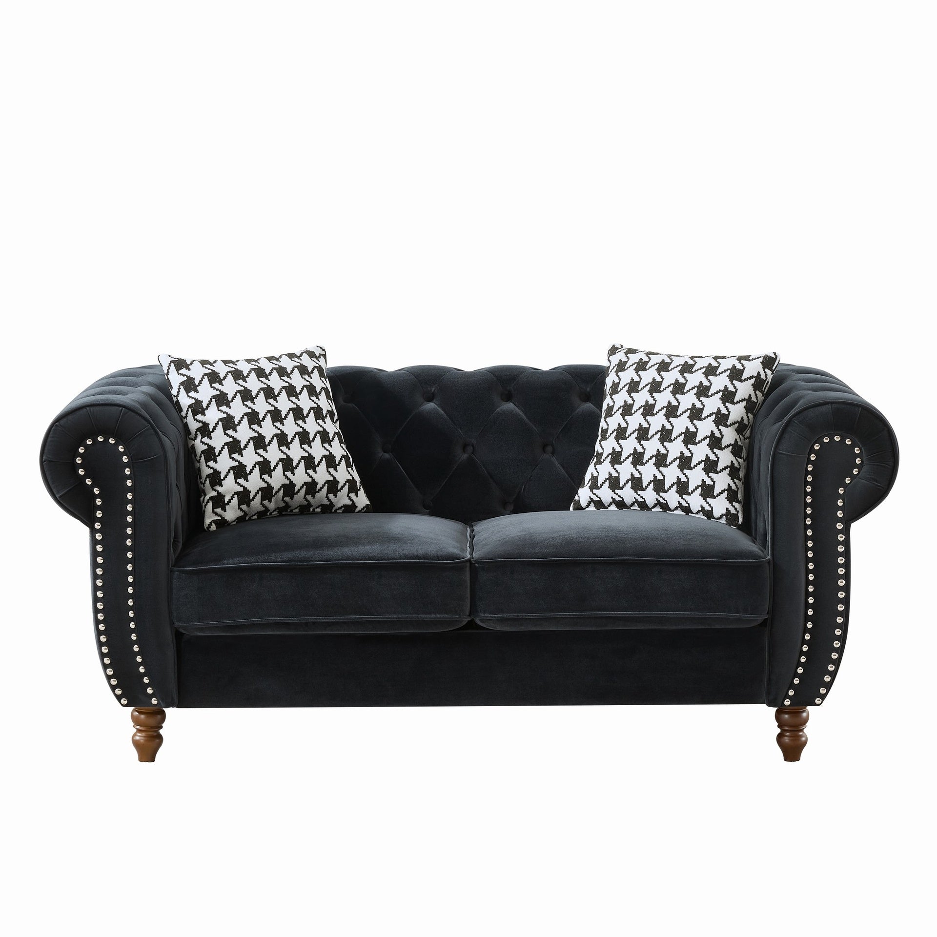 67"Chesterfield ‌velvet upholstery fabric Sofa with Roll Armrest & Nailhead,Upholstered Mid Century Modern Couch,2 Seater Couch for Living Room, Office, Apartment, Black