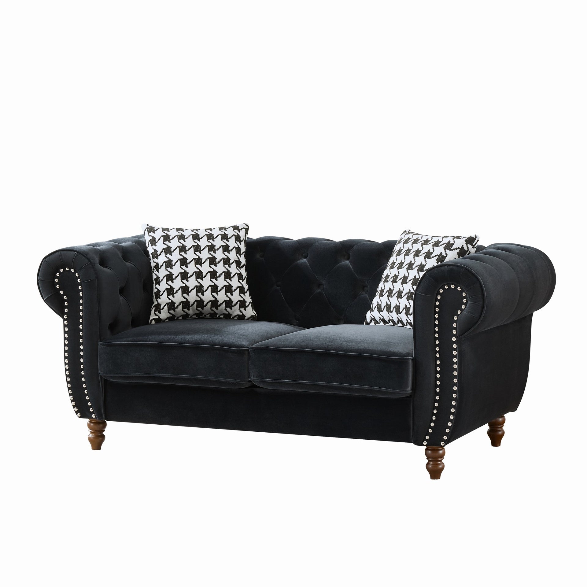 67"Chesterfield ‌velvet upholstery fabric Sofa with Roll Armrest & Nailhead,Upholstered Mid Century Modern Couch,2 Seater Couch for Living Room, Office, Apartment, Black