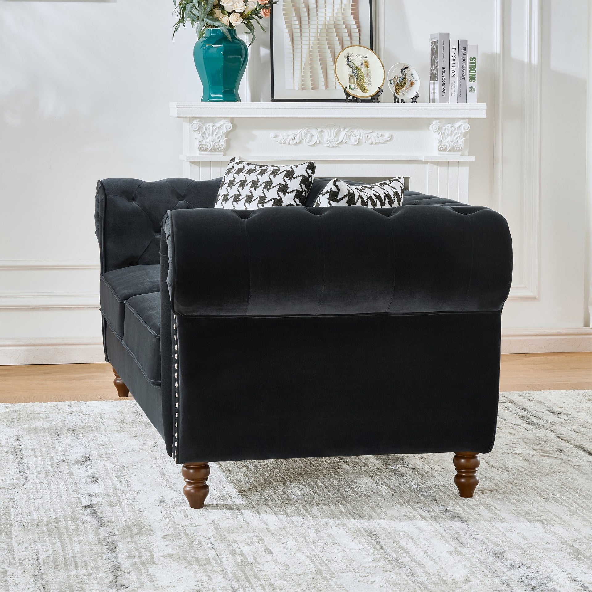 67"Chesterfield ‌velvet upholstery fabric Sofa with Roll Armrest & Nailhead,Upholstered Mid Century Modern Couch,2 Seater Couch for Living Room, Office, Apartment, Black