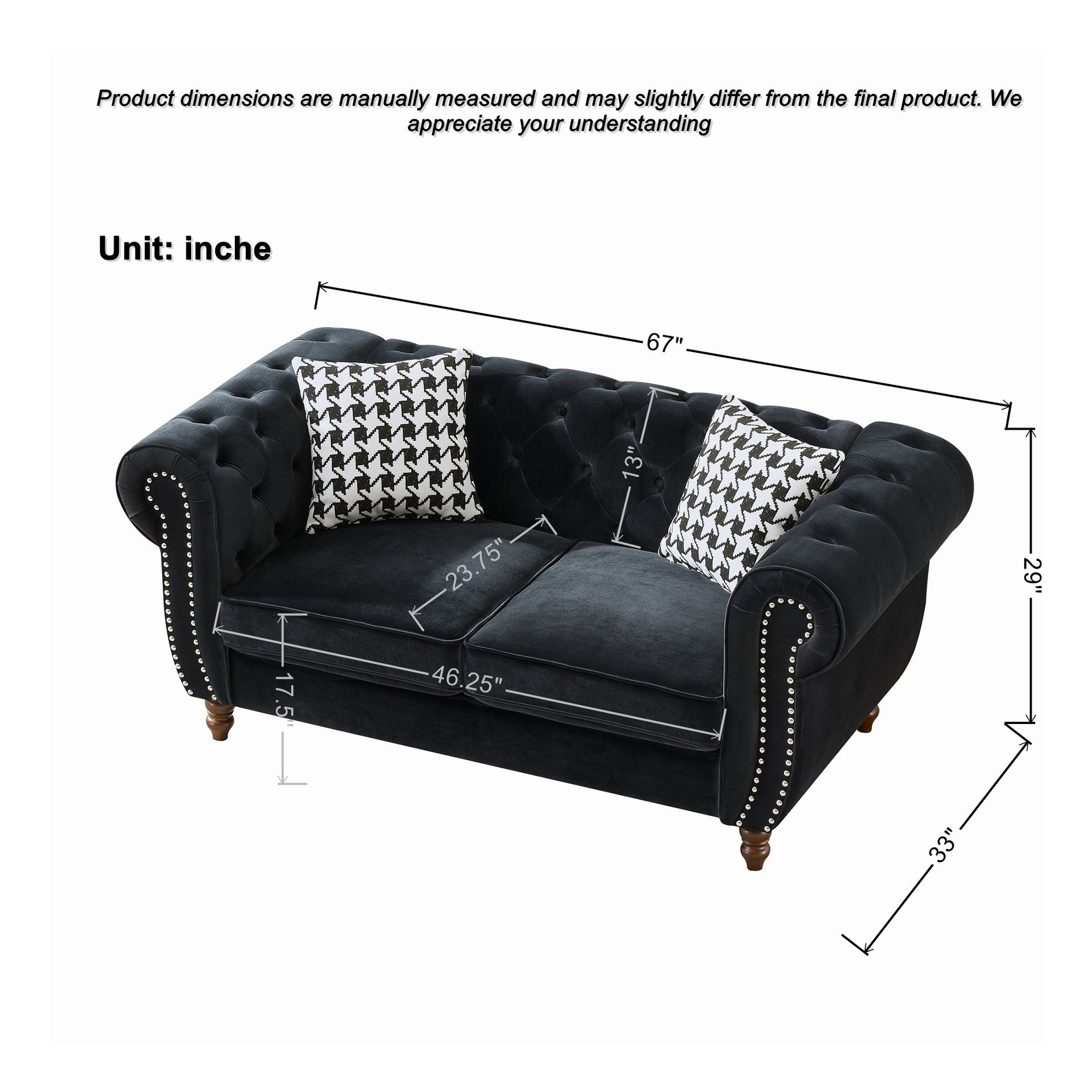 67"Chesterfield ‌velvet upholstery fabric Sofa with Roll Armrest & Nailhead,Upholstered Mid Century Modern Couch,2 Seater Couch for Living Room, Office, Apartment, Black