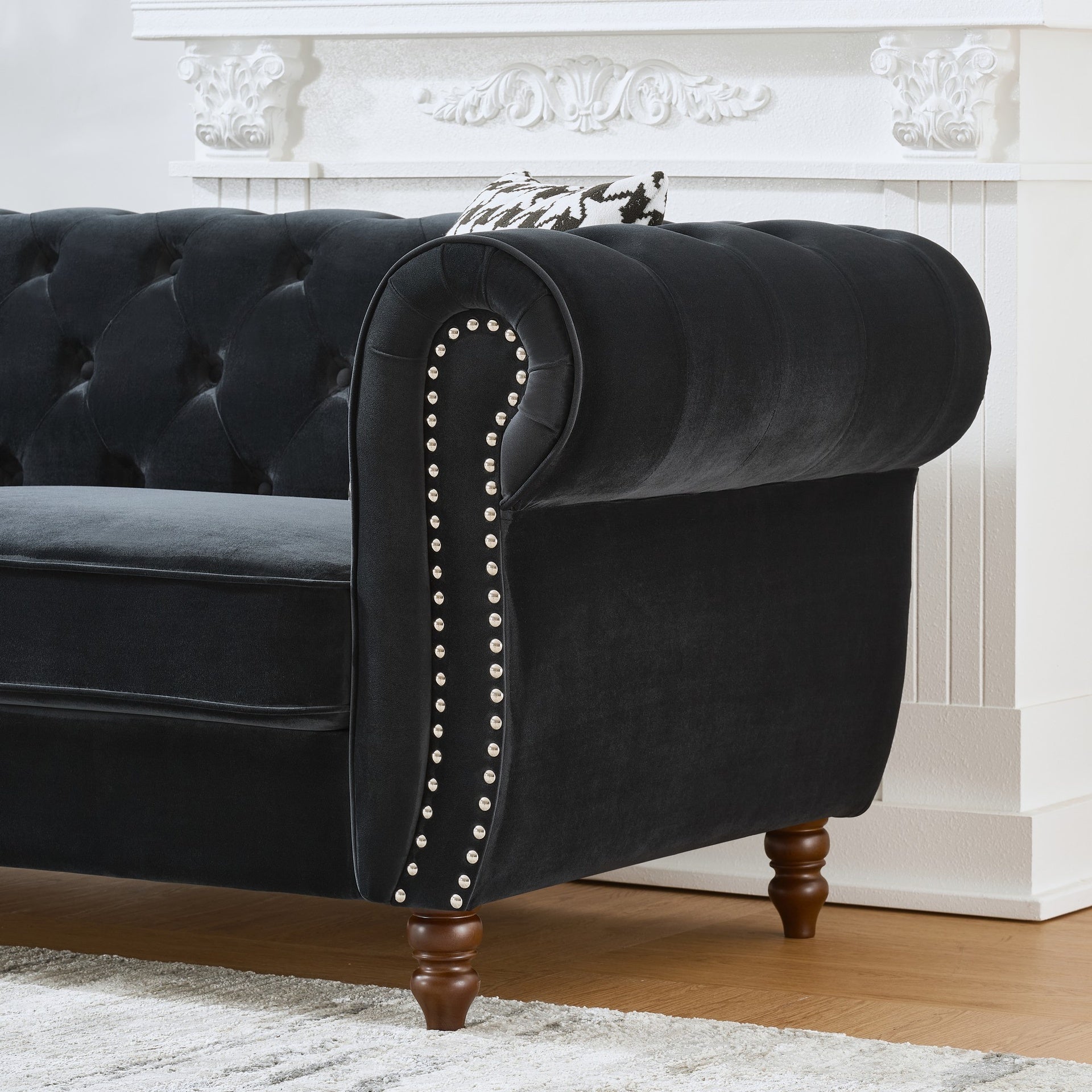67"Chesterfield ‌velvet upholstery fabric Sofa with Roll Armrest & Nailhead,Upholstered Mid Century Modern Couch,2 Seater Couch for Living Room, Office, Apartment, Black