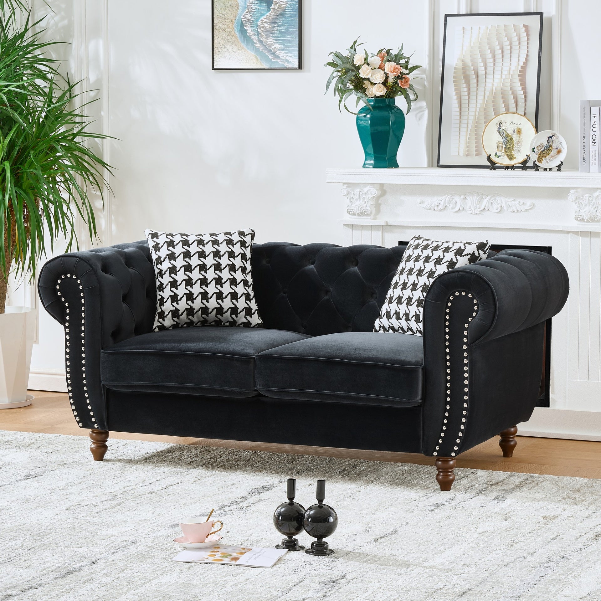 67"Chesterfield ‌velvet upholstery fabric Sofa with Roll Armrest & Nailhead,Upholstered Mid Century Modern Couch,2 Seater Couch for Living Room, Office, Apartment, Black