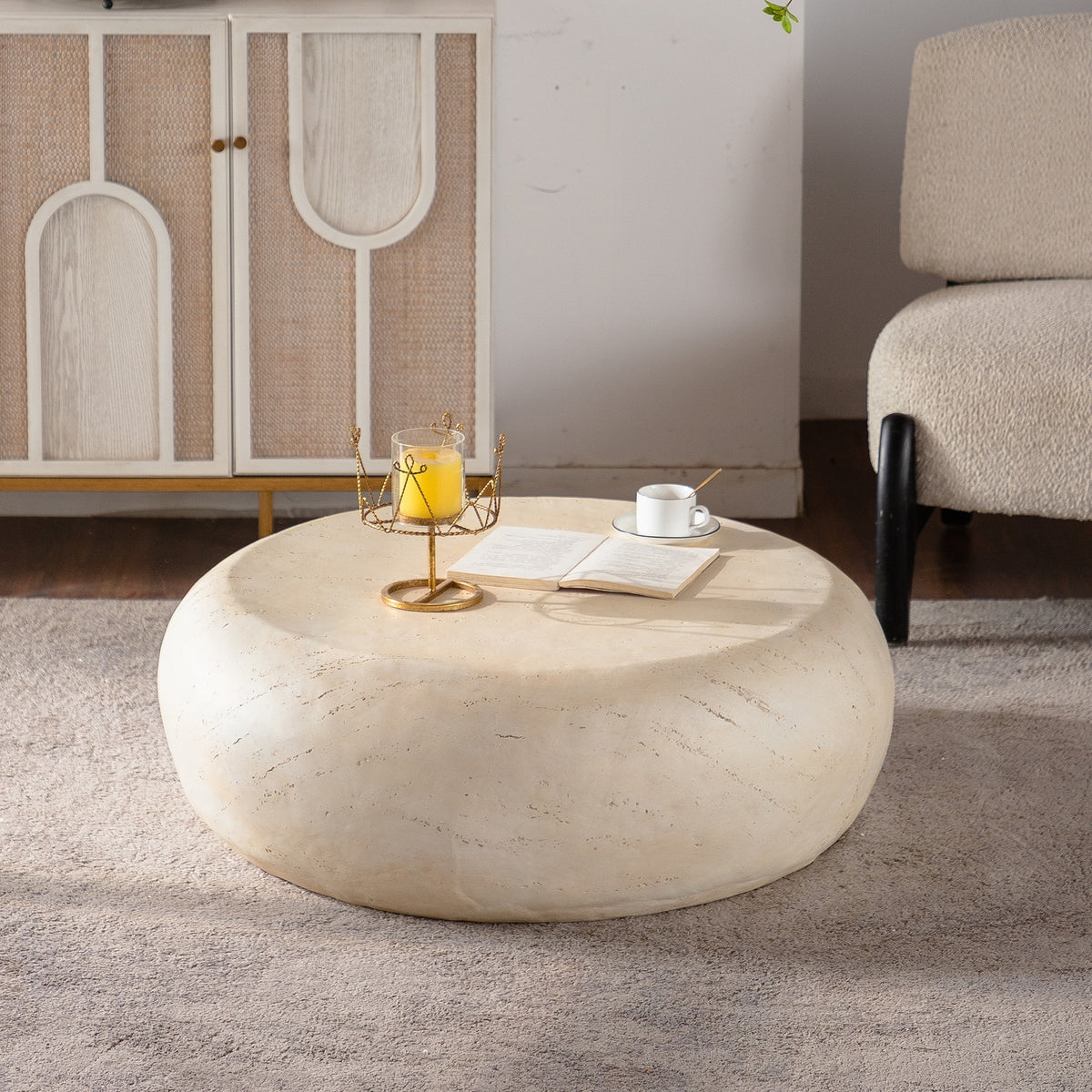 MgO Mid-Century Round Centre Coffee Table Vintage Faux Stone Sofa Pre-Modern Coffee Tables Beige Coffee Table for Living Room Office Apartment