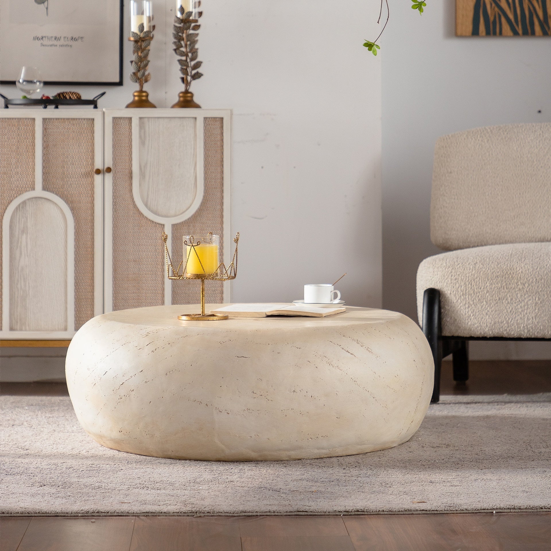 MgO Mid-Century Round Centre Coffee Table Vintage Faux Stone Sofa Pre-Modern Coffee Tables Beige Coffee Table for Living Room Office Apartment