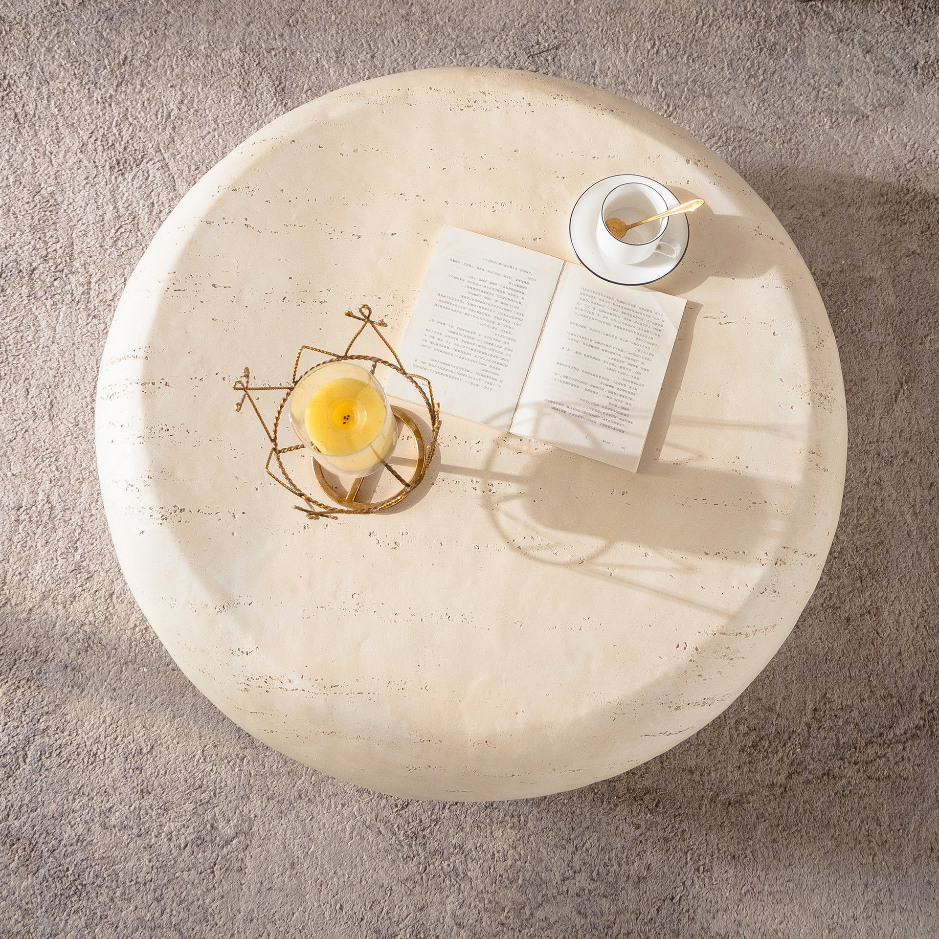 MgO Mid-Century Round Centre Coffee Table Vintage Faux Stone Sofa Pre-Modern Coffee Tables Beige Coffee Table for Living Room Office Apartment