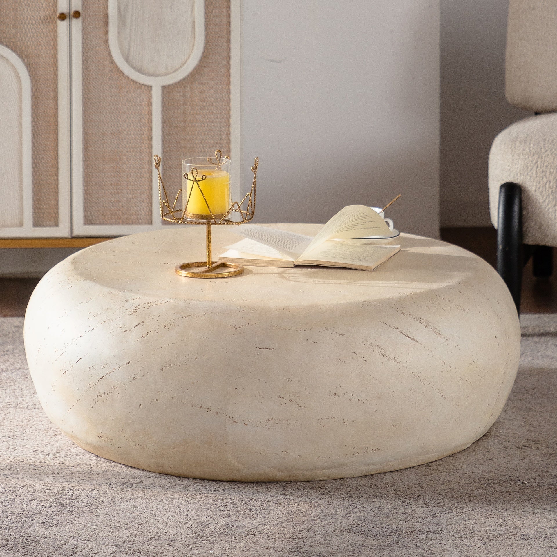 MgO Mid-Century Round Centre Coffee Table Vintage Faux Stone Sofa Pre-Modern Coffee Tables Beige Coffee Table for Living Room Office Apartment