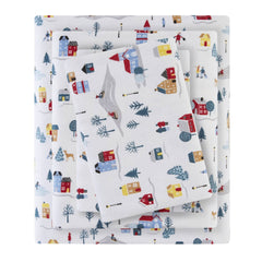 4 PCS Queen Printed Sheet Set White Village Print
