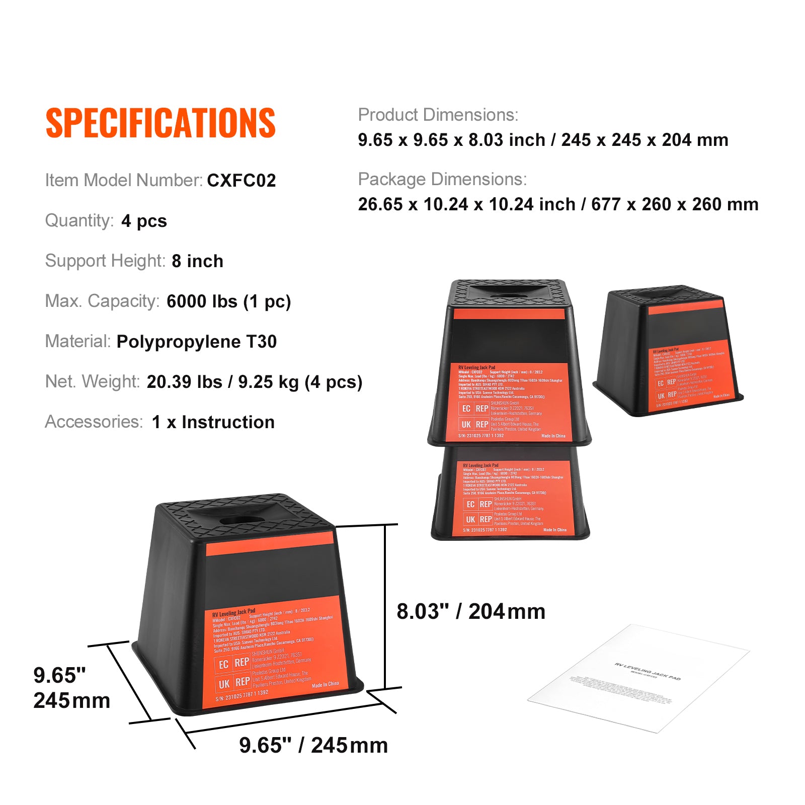 Trailer Jack Block, 6000 lbs Capacity per RV Leveling Block, High-quality Polypropylene RV Camper Stabilizer Blocks, RV Travel Accessories Use for Any Tongue Jack, Post, Foot, 5th Wheels, 4-Pack