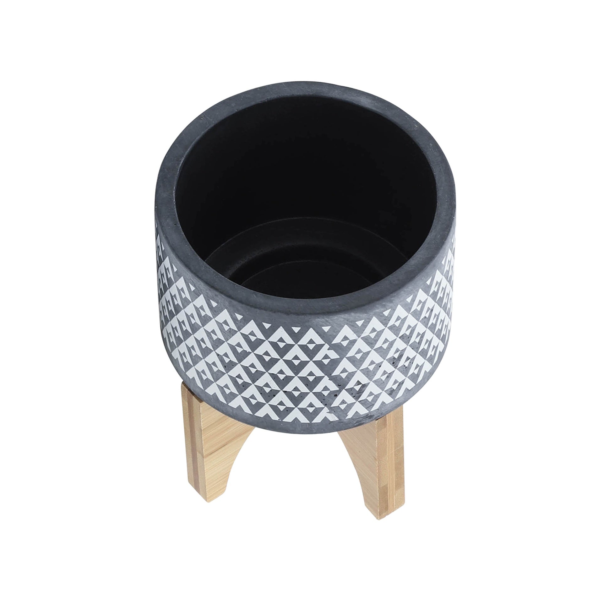 CERAMIC 5" AZTEC PLANTER ON WOODEN STAND, GRAY